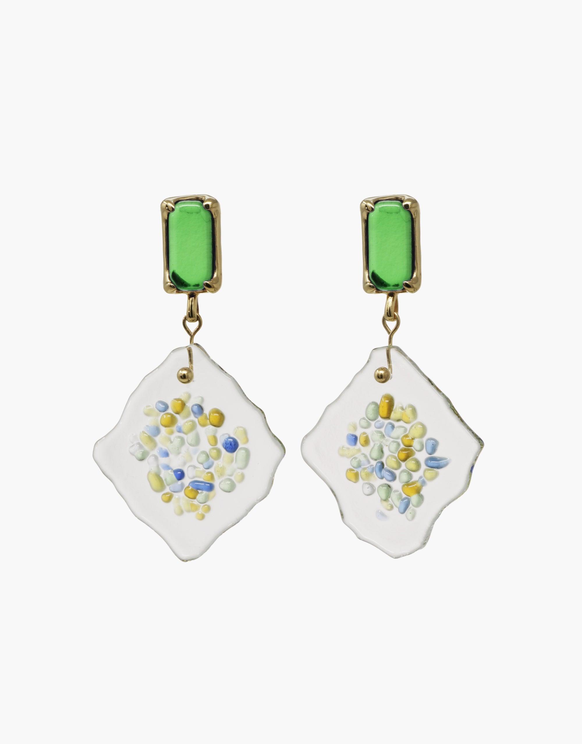 Spectral Prism Earrings featuring green eco gem studs and white diamond-shaped pendants with colorful glass fragments, showcasing sustainable jewelry design inspired by prismatic light refraction. Handmade, upcycled glass earrings by CLED.