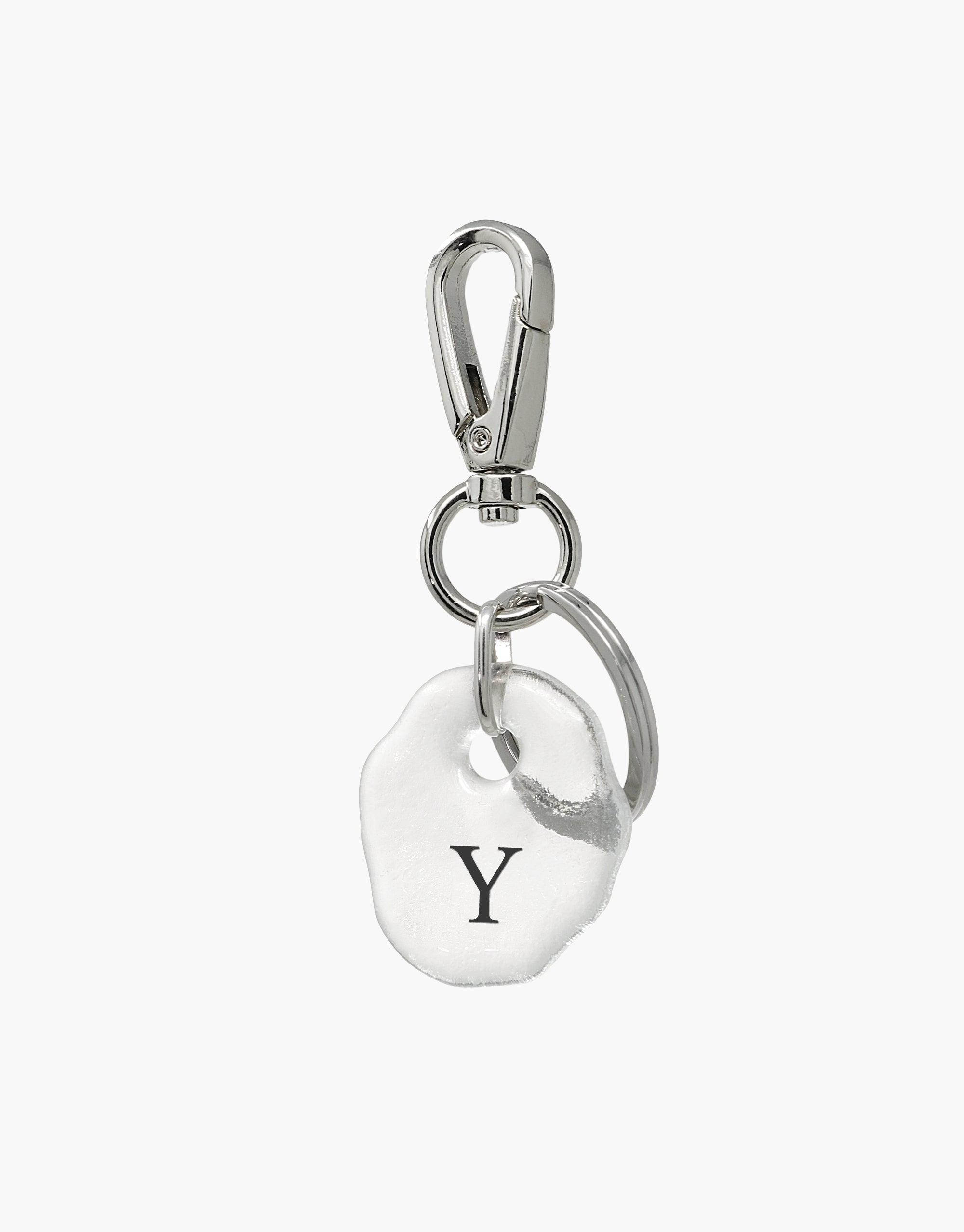 Personalized Messenger Keyring with silver carabiner clip and clear eco gem charm engraved with letter Y. Handcrafted sustainable accessory for everyday use. Messenger Keyring | Personalized by CLED