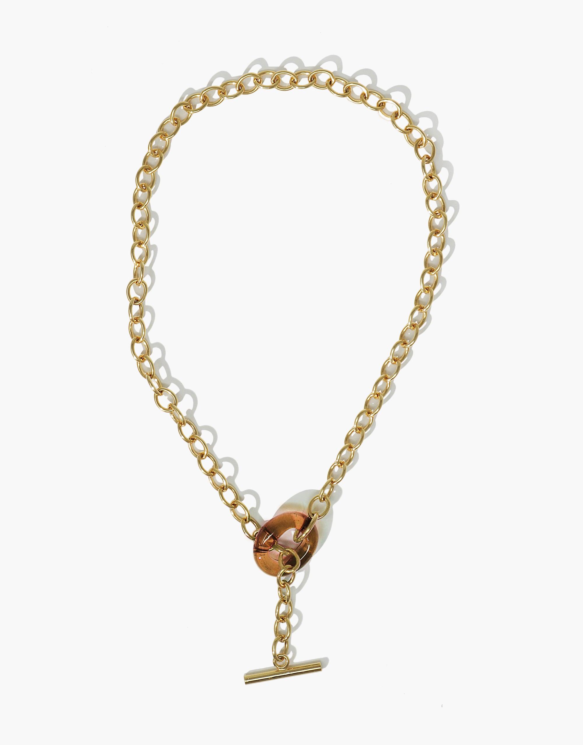 Gold chain toggle choker necklace with interlocking links and amber eco gem pendant. Adjustable length, handmade sustainable jewelry. ITL Toggle Choker Necklace by CLED.