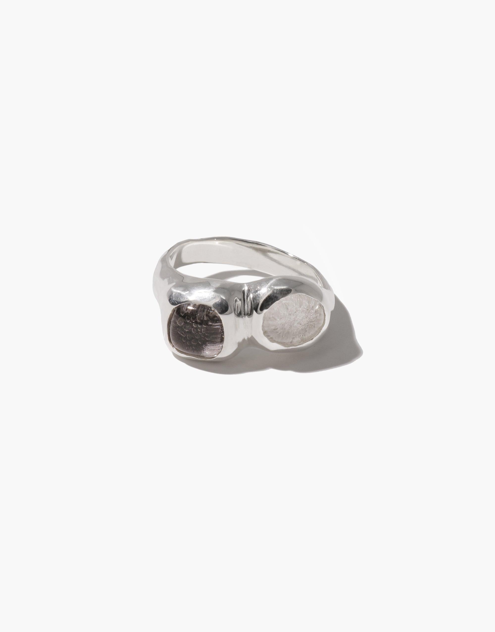 Duo Sculpture Ring featuring two upcycled eco gems in contrasting colors set in a sleek silver band, showcasing handcrafted artistry and sustainable design. Elegant and eco-friendly jewelry piece by CLED.