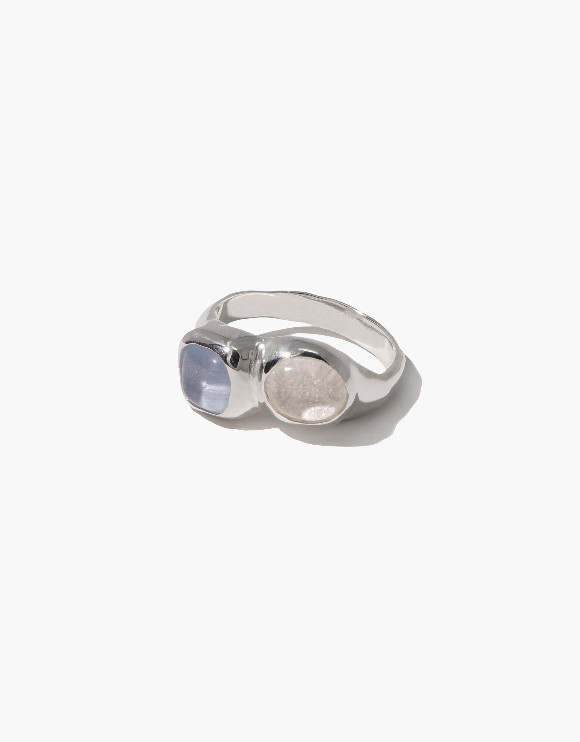 Duo Sculpture Ring featuring two contrasting eco-friendly stones set in a sleek silver band, showcasing a unique blend of modern design and sustainable craftsmanship. Handmade jewelry piece with upcycled glass elements. CLED Duo Sculpture Ring.