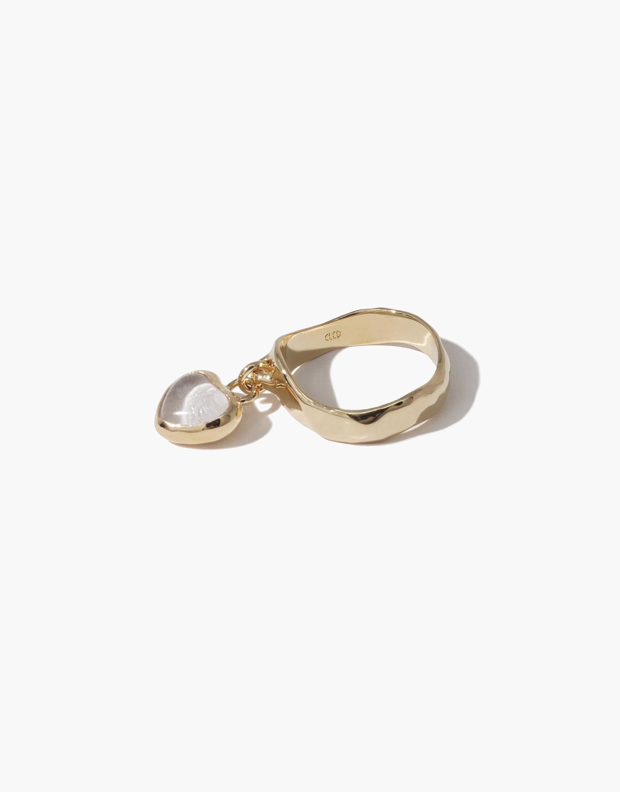 Gold-plated Heart Dangling Ring with eco-friendly glass charm, showcasing a unique design inspired by nature. Handcrafted in Los Angeles, this sterling silver or gold-plated brass ring features a 20mm x 12mm upcycled glass pendant, perfect for eco-conscious jewelry lovers. CLED Heart Dangling Ring.