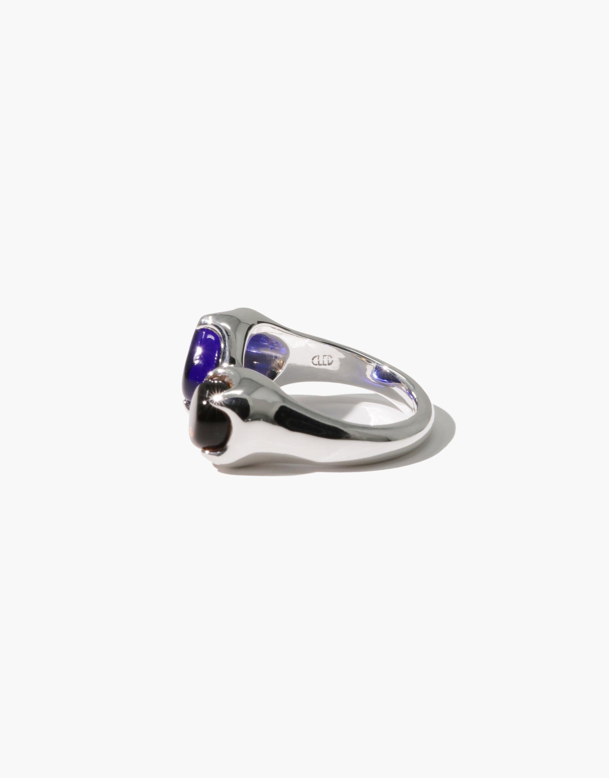 Duo Beam Ring featuring two contrasting eco gems, one purple and one brown, set in a sleek silver band. Unique handcrafted design showcasing sustainable materials and modern aesthetics. Duo Beam Ring by CLED