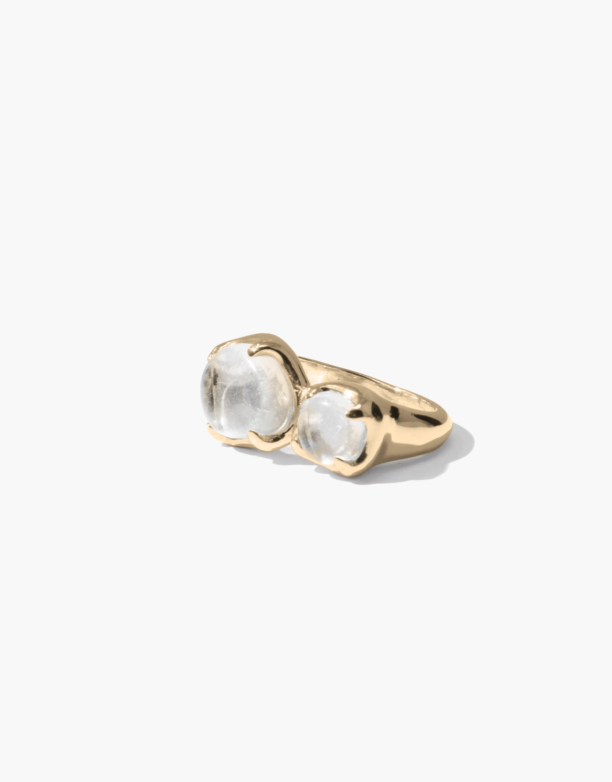 Duo Beam Ring featuring two clear eco gems set in gold-toned metal, showcasing sustainable luxury and prismatic light effects. Handcrafted design with upcycled glass for eco-conscious elegance. CLED