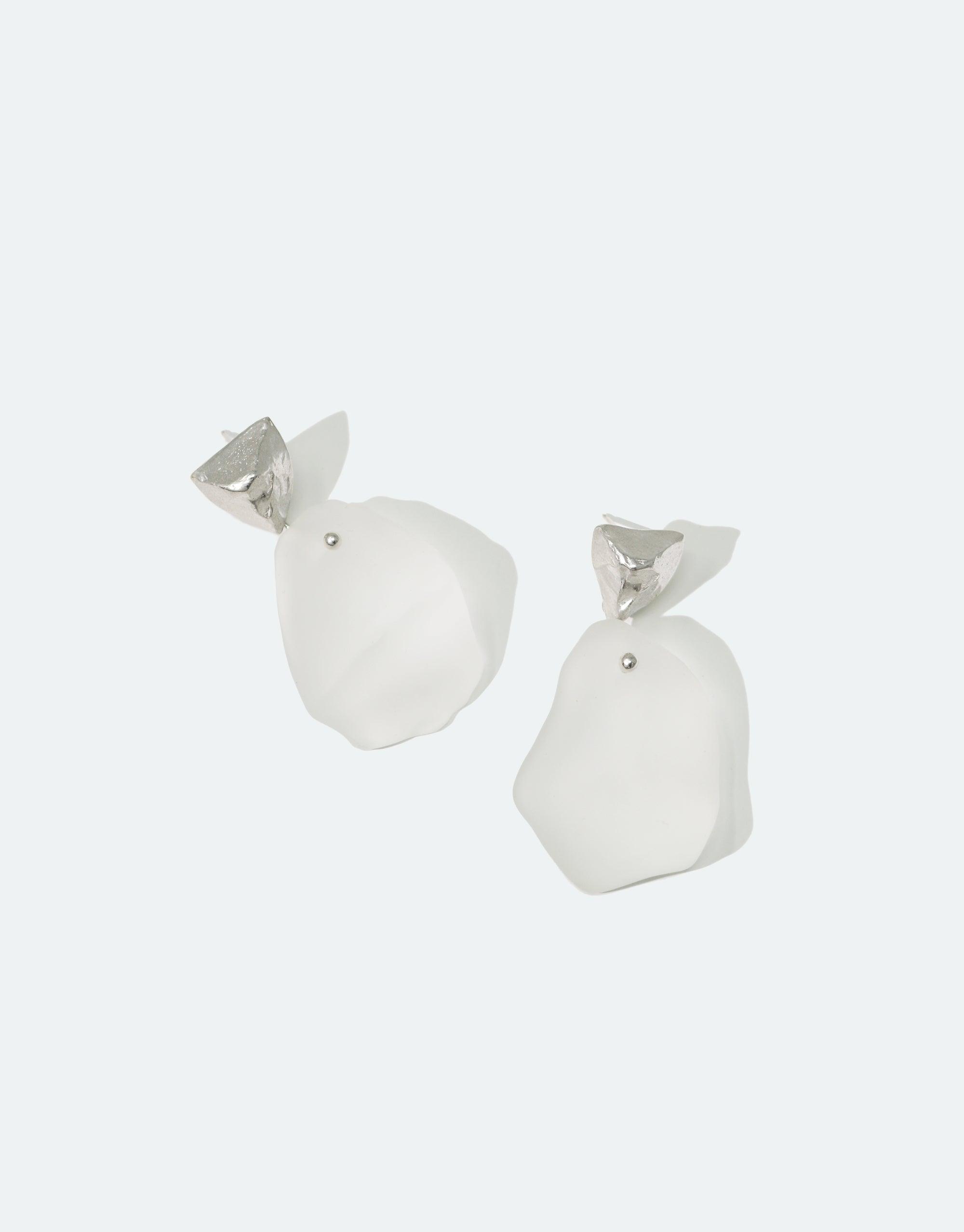 Tip of the Iceberg Earrings: A pair of matte-finished sterling silver earrings featuring hand-formed Eco Gems, inspired by Arctic icebergs, showcasing CLED's eco-conscious craftsmanship.