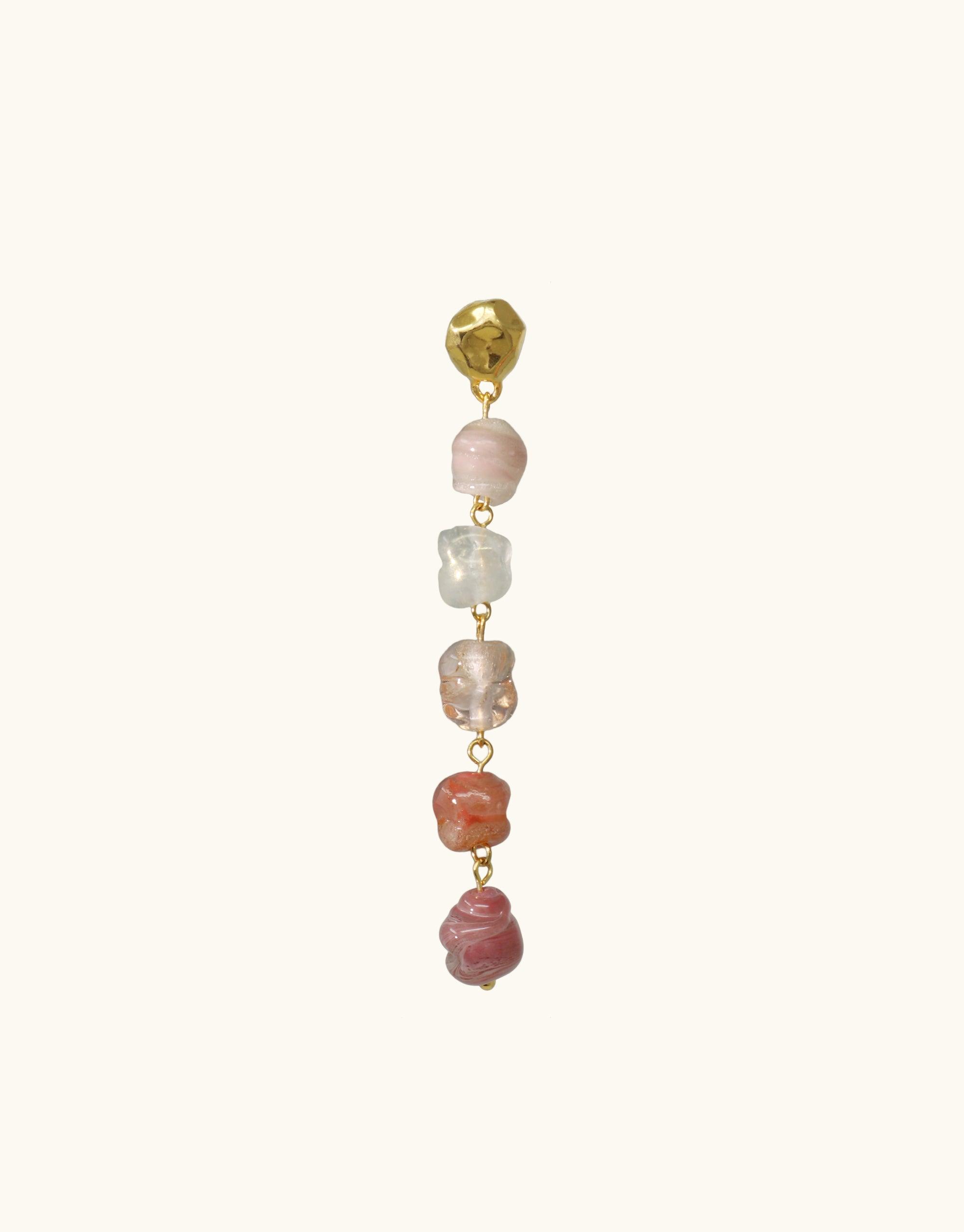 Elegant Shades of Nature Bloom Earrings featuring cascading upcycled eco gems in blush tones, connected by gold vermeil. Handcrafted long dangle earring inspired by canyon formations and blooming flowers. Sustainable jewelry from the Terrain Collection by CLED.