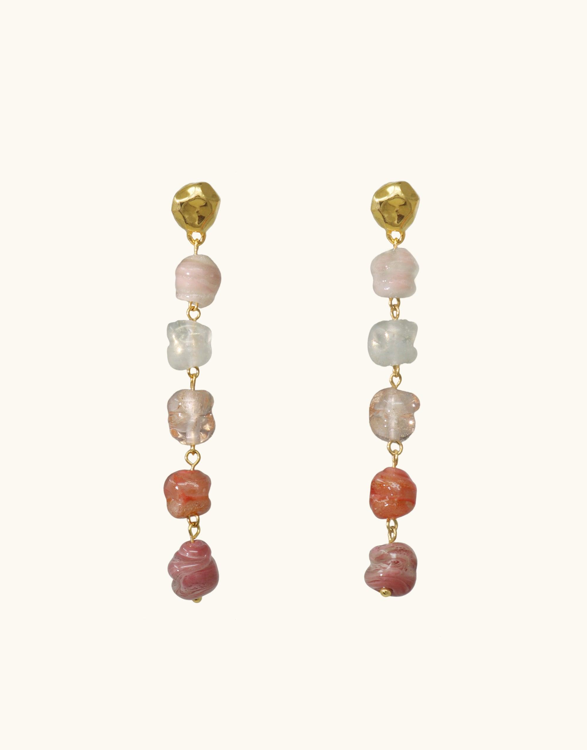 Elegant gold vermeil earrings with gradient pastel eco-gems, inspired by canyon layers and blooming flowers. Handmade long dangles featuring upcycled glass in blush tones. Shades of Nature | Bloom Earrings by CLED
