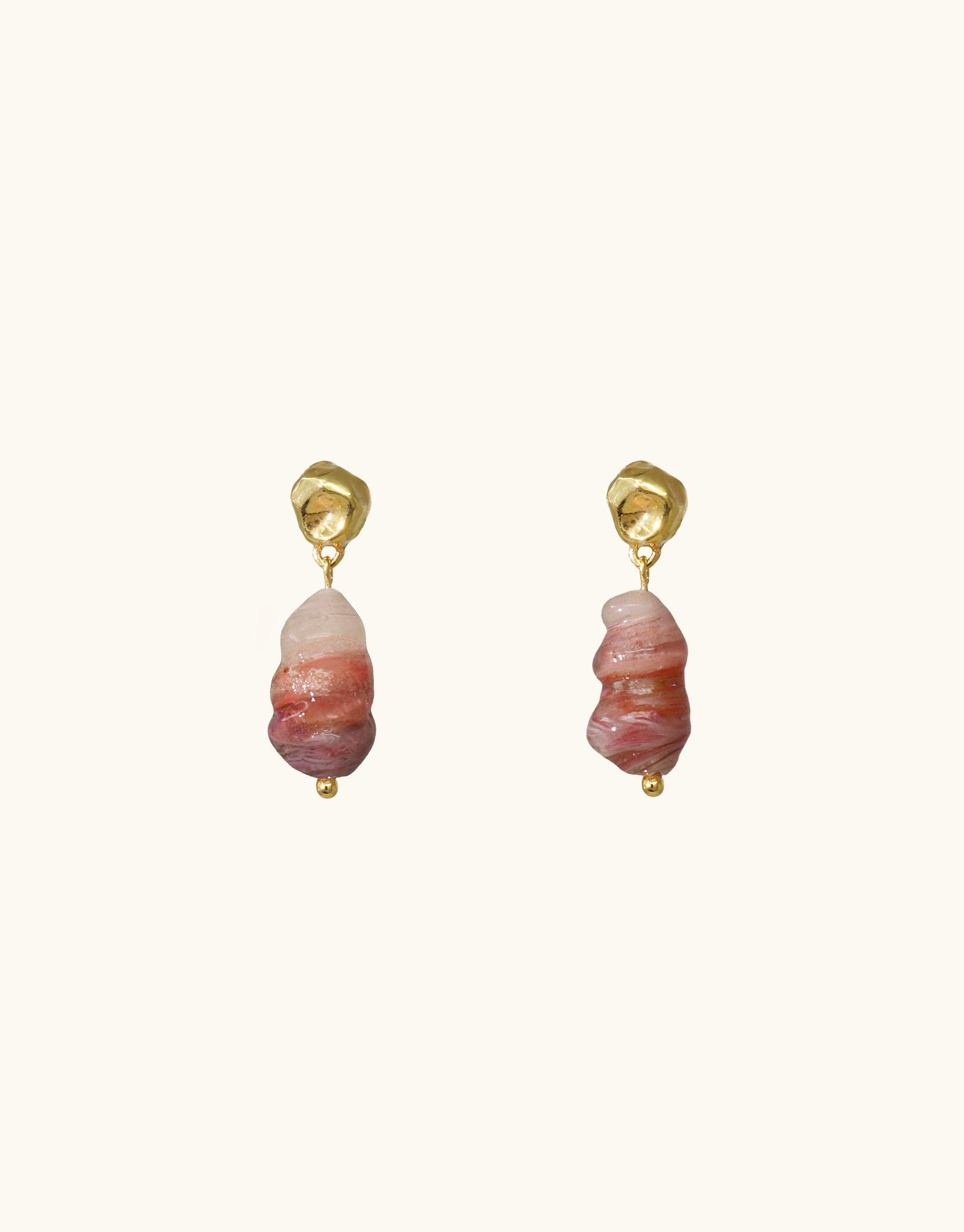 Elegant gold vermeil earrings with pink ombre upcycled glass pendants, inspired by canyons and blooming flowers. Handmade sustainable jewelry showcasing natural color gradation. Shades of Nature | Bloom Earrings by CLED