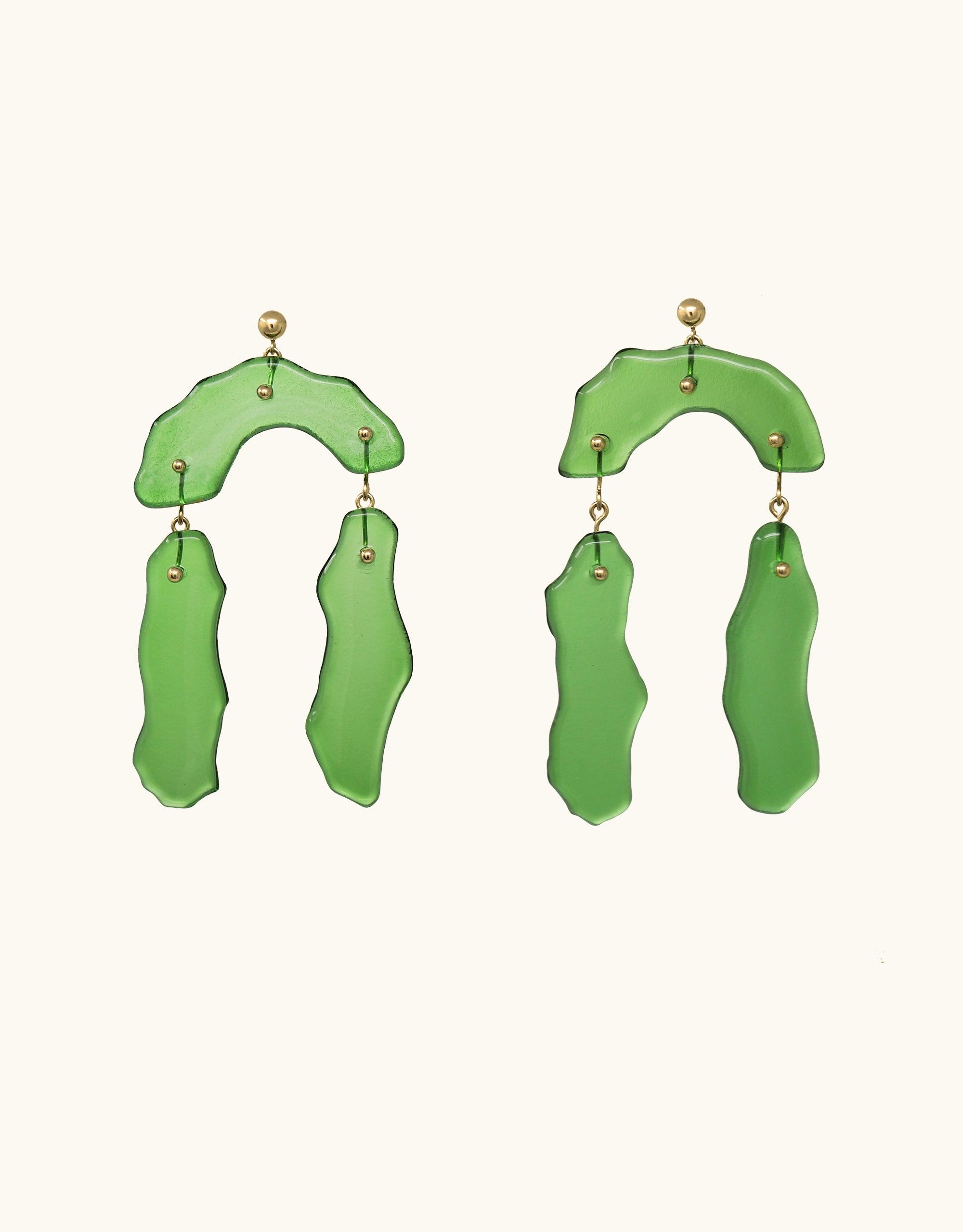 Rock Dangling Earrings featuring abstract green glass shapes inspired by canyon terrain. Handcrafted eco-friendly jewelry with gold-toned accents. Statement piece from the Terrain Collection showcasing unique, layered designs reminiscent of rock formations. Sustainable fashion accessory by CLED.