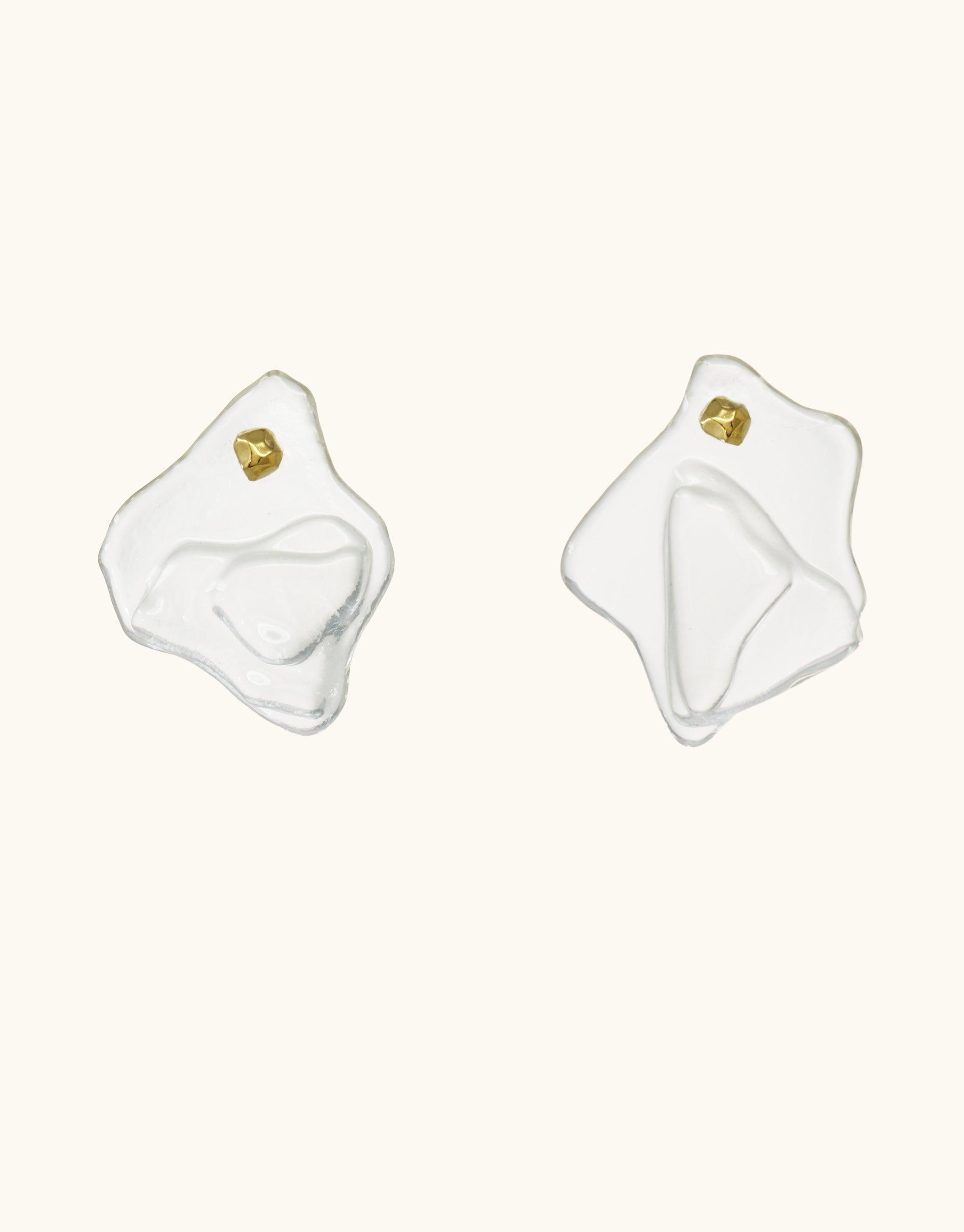 Plateau Earrings featuring abstract white glass forms with gold accents, inspired by canyon terrain. Handcrafted eco-friendly jewelry made from repurposed glass bottles. Unique sustainable design reflecting natural landscapes. Terrain Collection by CLED.