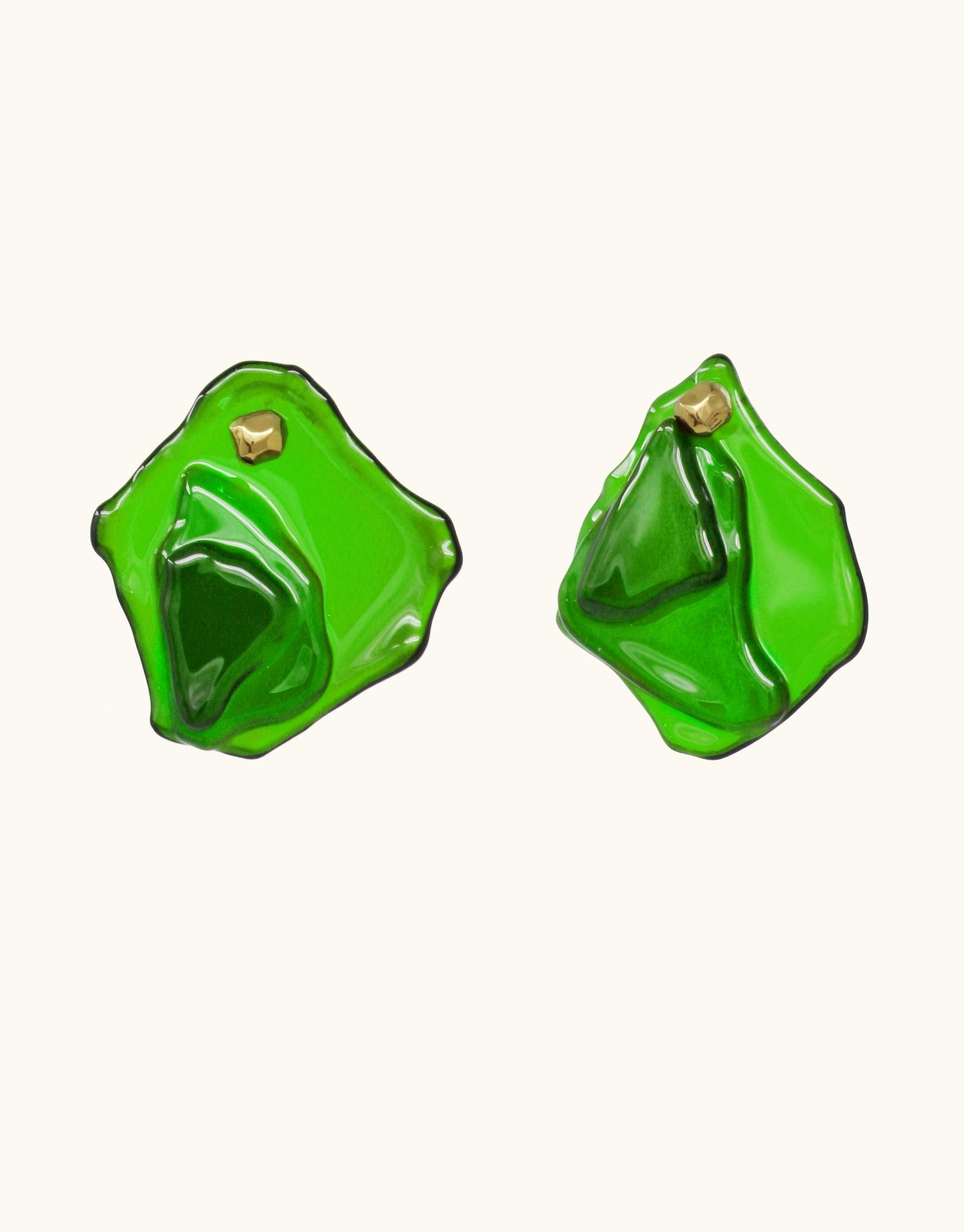 Vibrant green Plateau Earrings from the Terrain Collection, featuring abstract molten forms inspired by canyon formations. Handcrafted eco-friendly glass earrings with gold studs, showcasing unique layered design and sustainable elegance. Plateau Earrings by CLED