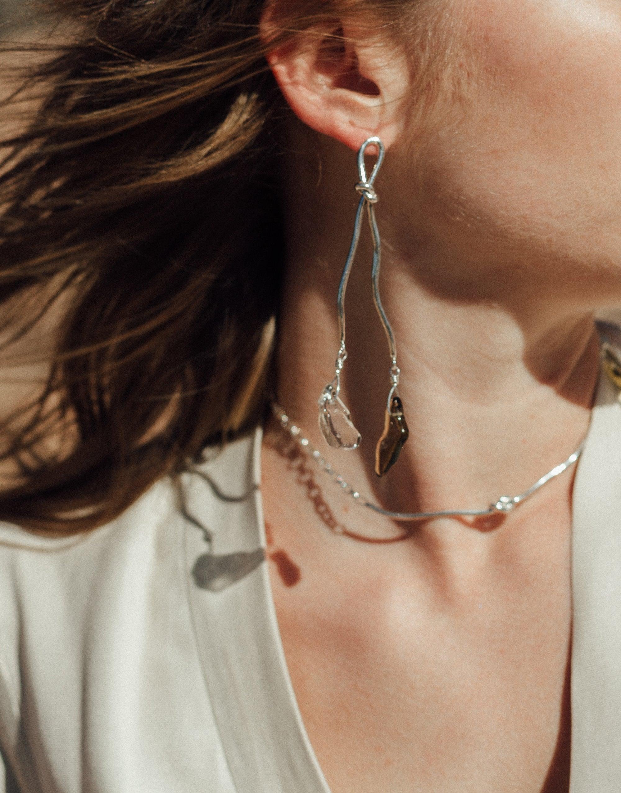 Rope Drop Earrings featuring unique canyon-inspired design with eco-friendly glass drops, showcasing sustainable luxury jewelry. Handcrafted sterling silver or gold vermeil earrings, perfect for the environmentally conscious fashion enthusiast. Terrain Collection by CLED