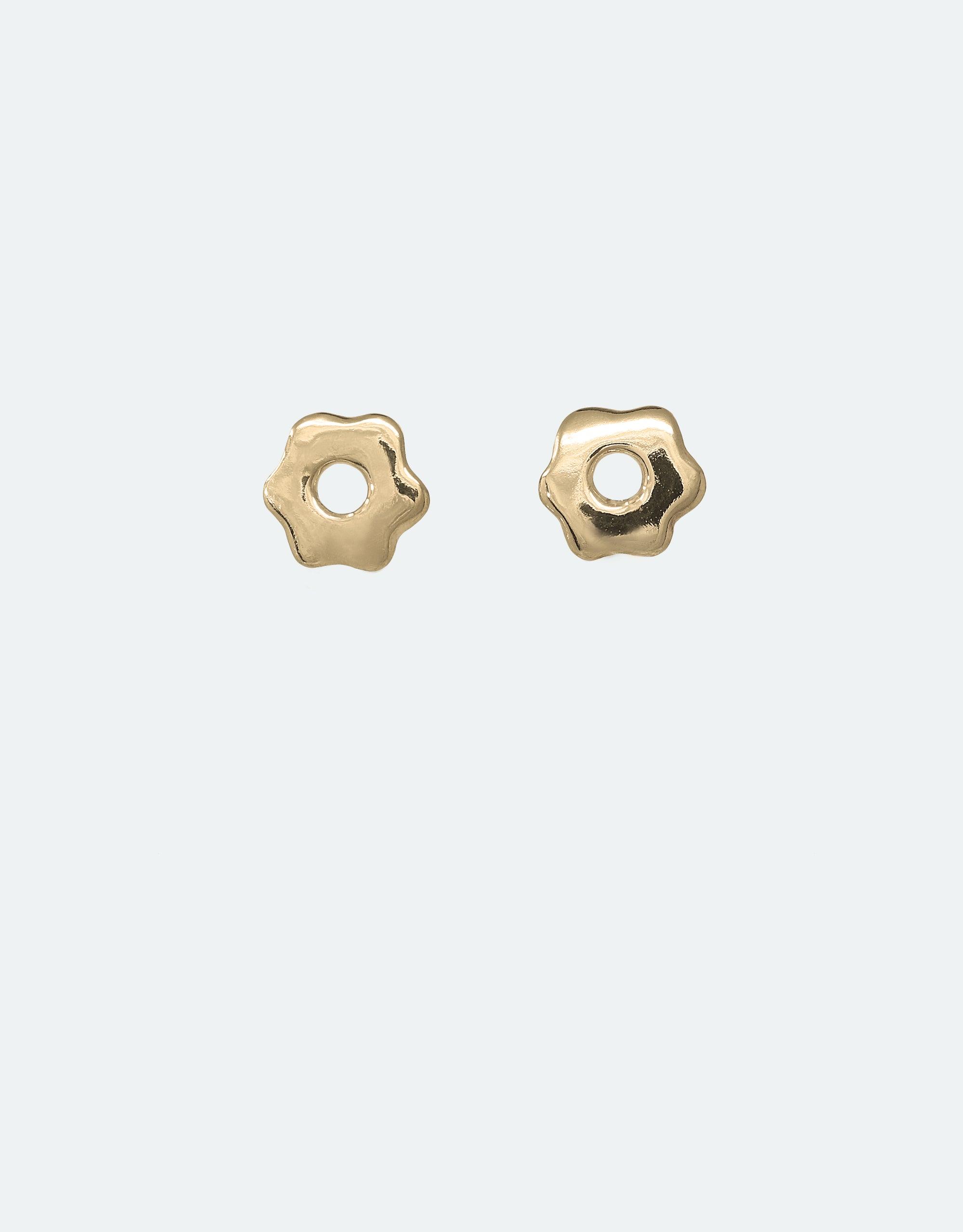 Avens Stud Earrings: Delicate gold flower-shaped studs with central openings, showcasing artisanal craftsmanship and eco-friendly design inspired by Arctic ecosystems. Handmade jewelry featuring repurposed materials. CLED