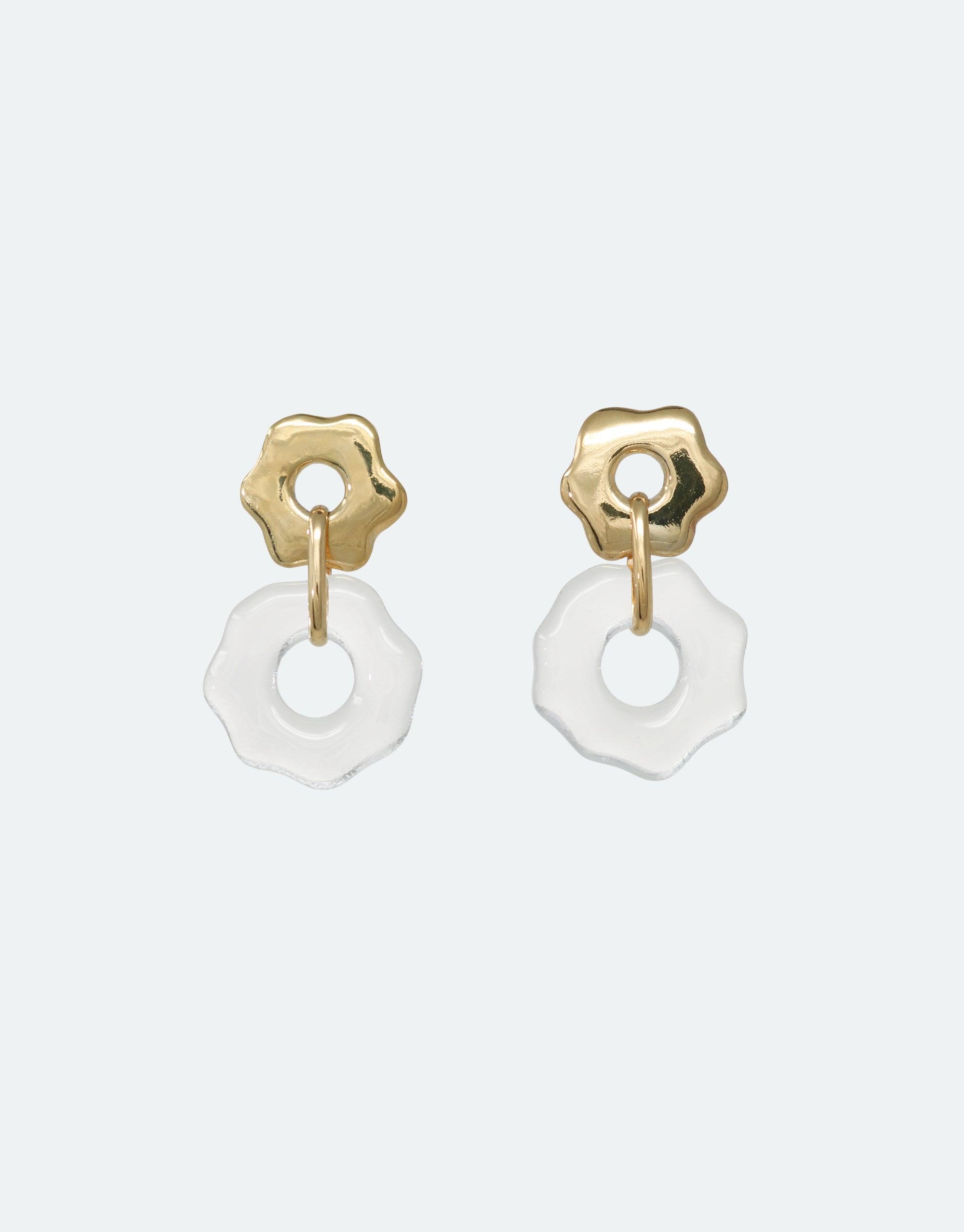 Elegant Avens Earrings featuring gold flower-shaped studs with clear glass pendants, showcasing eco-friendly design inspired by Arctic flora. Handcrafted earrings combining sustainability and style for a delicate, nature-inspired look. CLED, Avens Earrings