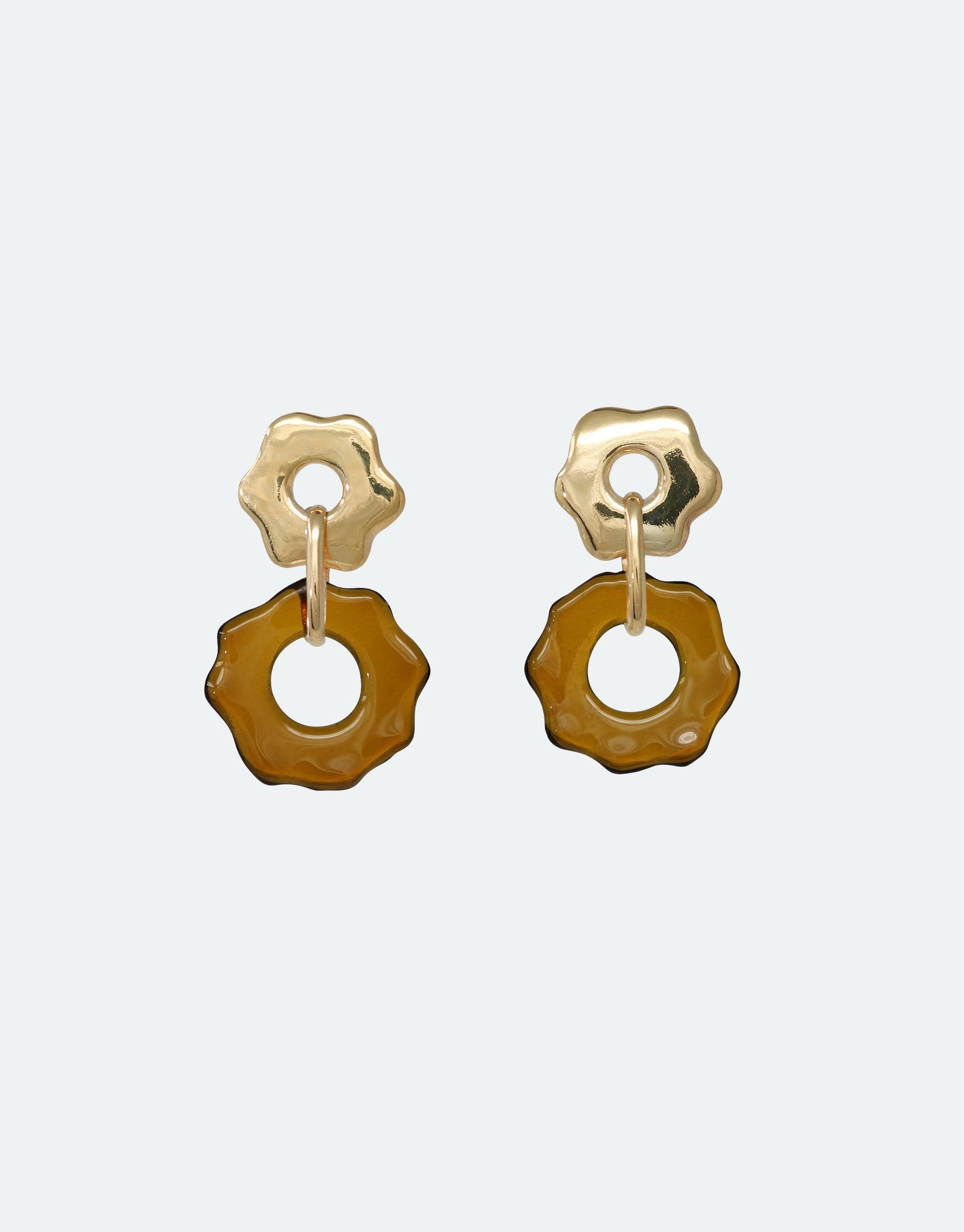 Avens Earrings featuring gold-toned flower-shaped studs with amber-colored glass pendants, showcasing eco-friendly design inspired by Arctic flora. Handcrafted earrings symbolize climate awareness and sustainable fashion. CLED, Avens Earrings