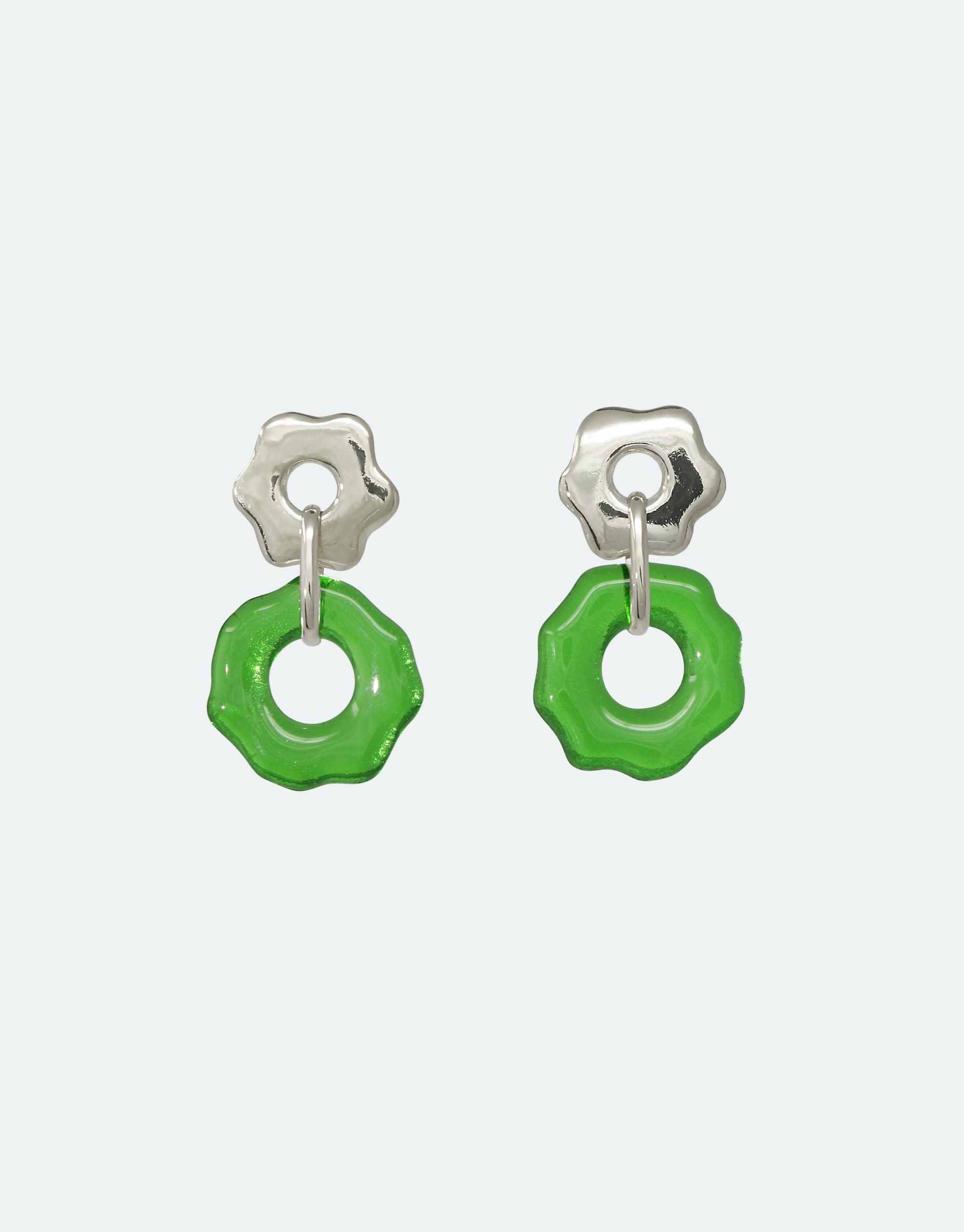 Avens Earrings featuring silver flower-shaped studs with vibrant green recycled glass pendants, inspired by Arctic flora and climate awareness. Handcrafted eco-friendly jewelry showcasing sustainability and unique design. CLED