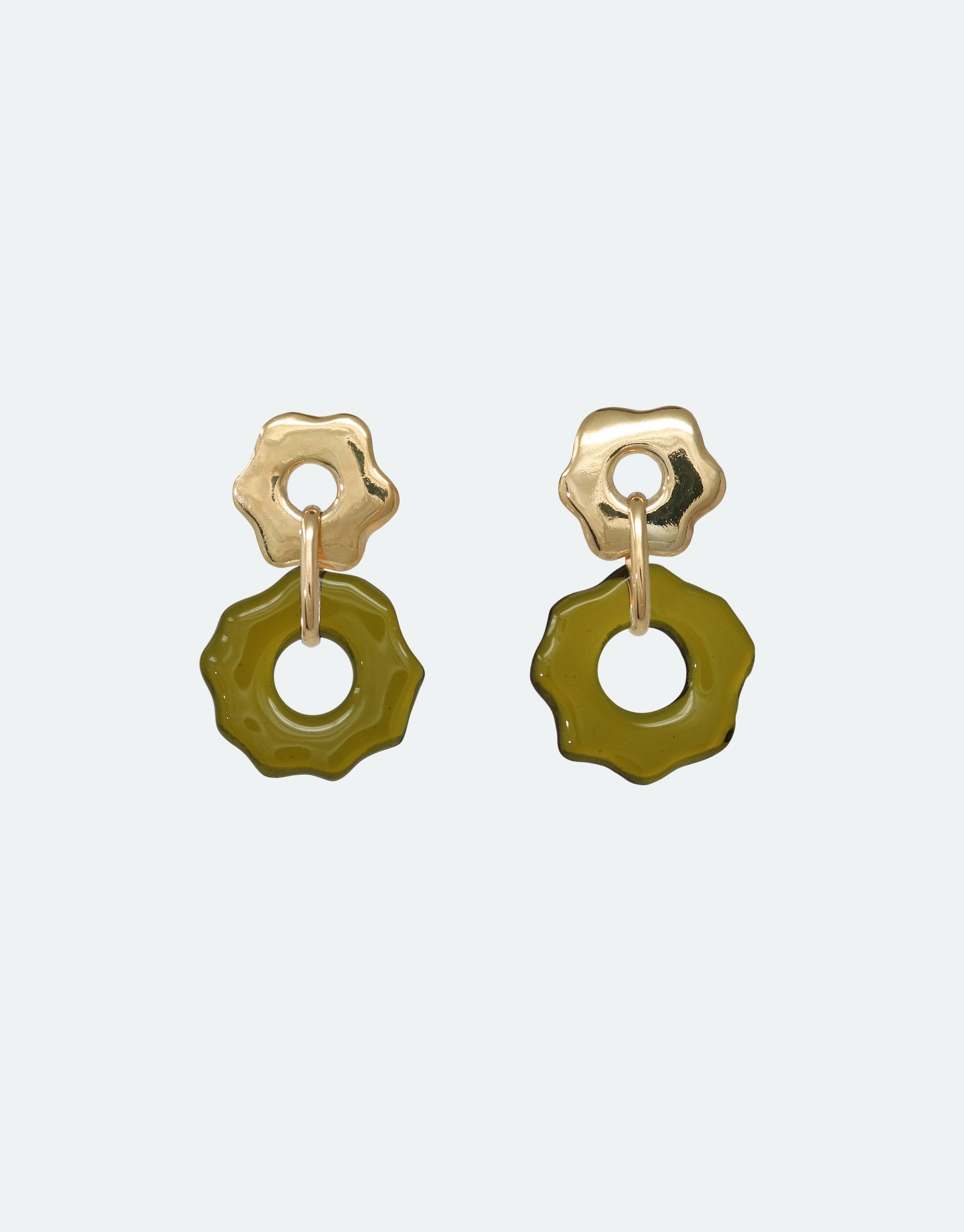Avens Earrings featuring gold flower-shaped studs with hanging olive green glass rings, handcrafted from eco-friendly repurposed bottle glass. Elegant and sustainable design inspired by Arctic flora and climate awareness. CLED