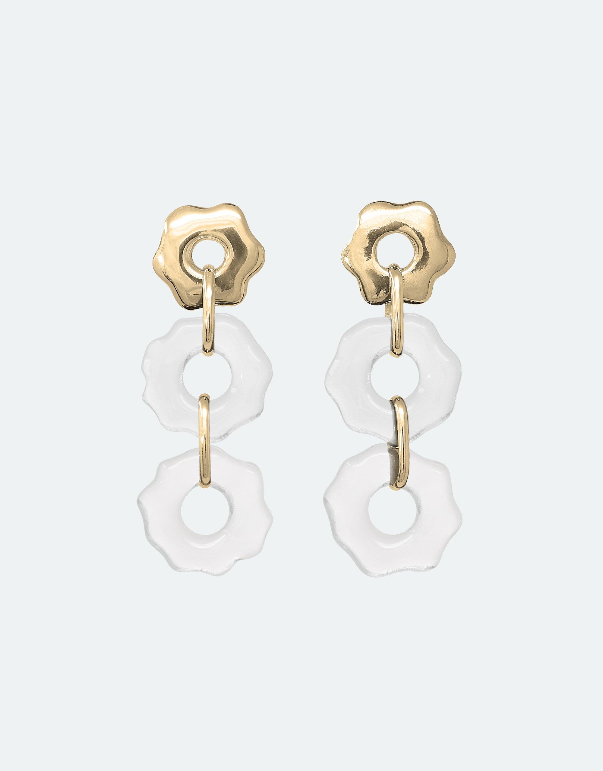 Avens Earrings Trio featuring gold flower-shaped studs with two dangling translucent floral charms. Handcrafted eco-friendly earrings inspired by floating glaciers, showcasing a unique blend of metal and repurposed glass. Elegant and environmentally conscious jewelry by CLED
