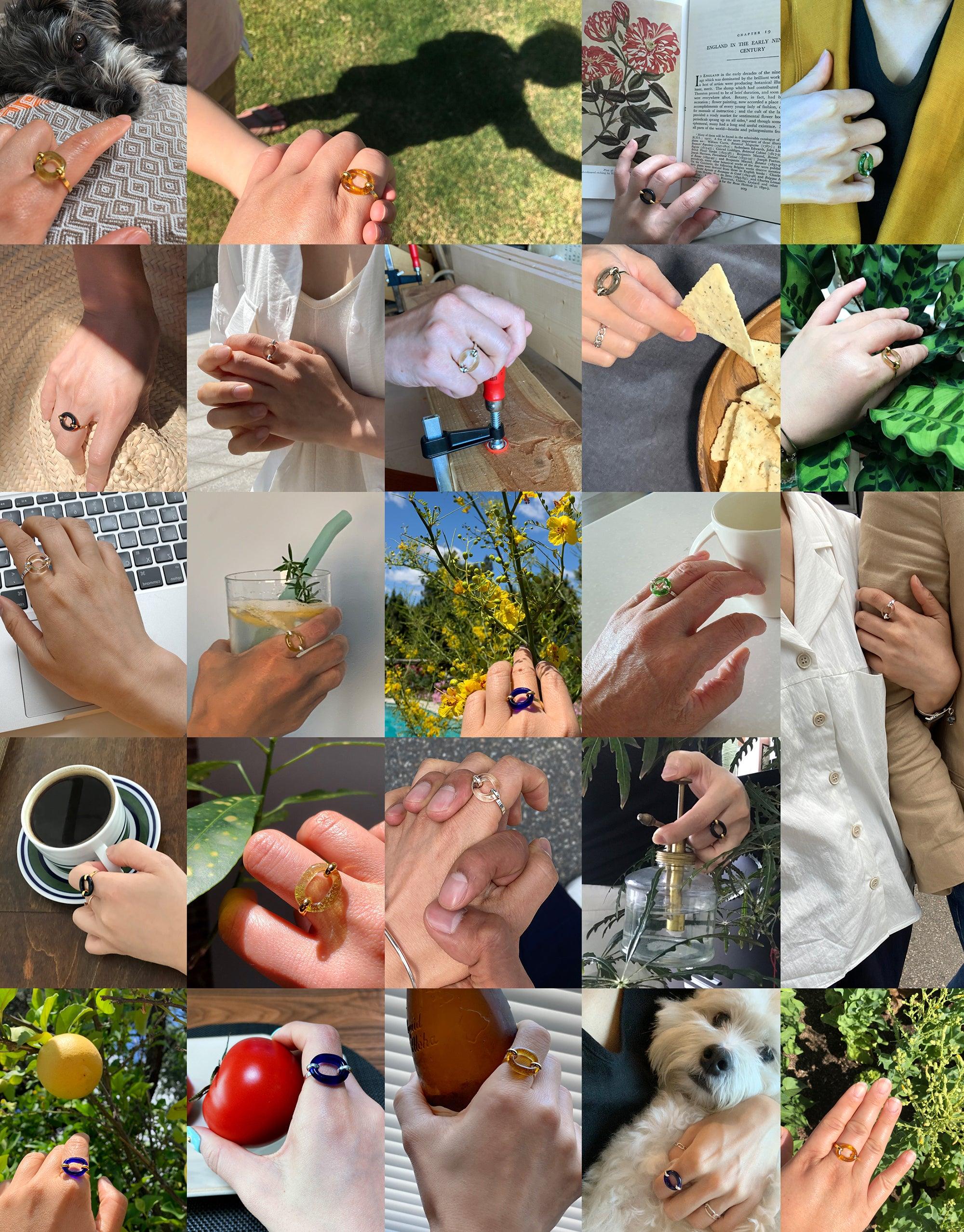 Collage of hands wearing the In The Loop Ring in various everyday settings, showcasing versatility and style. The ring appears in multiple images, paired with activities like typing, holding drinks, petting animals, and interacting with nature, highlighting its adaptability and appeal. CLED In The Loop Ring.