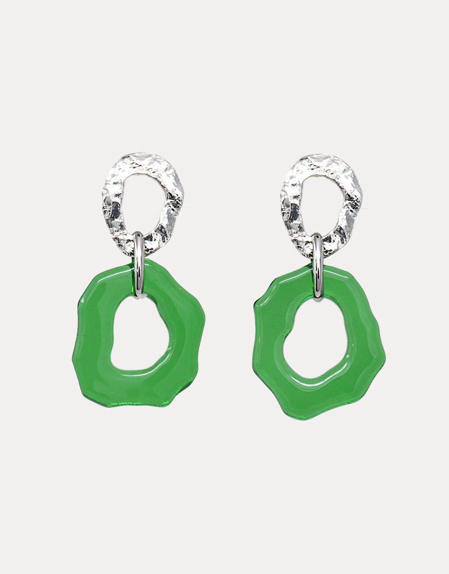 High Tide Earrings featuring textured silver hoops and vibrant green irregular shapes made from eco-friendly recycled glass. Ocean-inspired statement jewelry with a sustainable twist. Handcrafted design perfect for casual or formal wear. CLED High Tide Earrings.