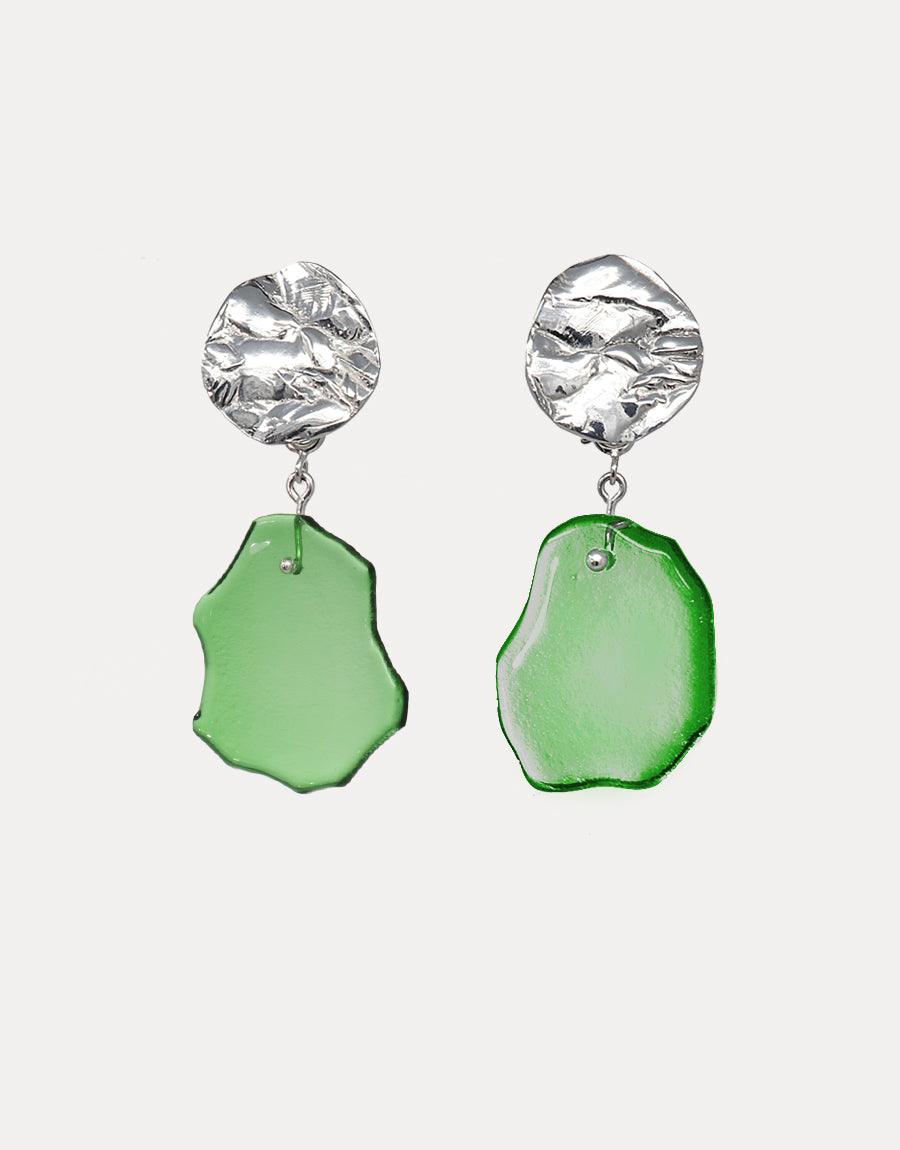 Coastline Earrings | Small Drop featuring textured silver studs with irregular green glass pendants. Handcrafted eco-friendly jewelry showcasing coastal-inspired design. Elegant and sustainable statement piece by CLED.