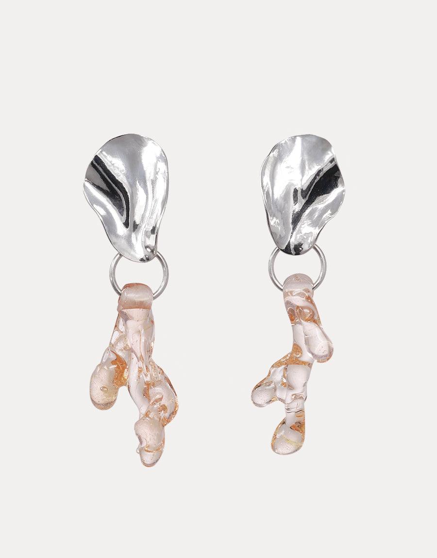 Coral Reef Earrings featuring sterling silver studs with organic-shaped glass drops, handcrafted from recycled bottles. Elegant and eco-friendly statement piece showcasing unique textures and pale pink hues. Sustainable jewelry art by CLED.