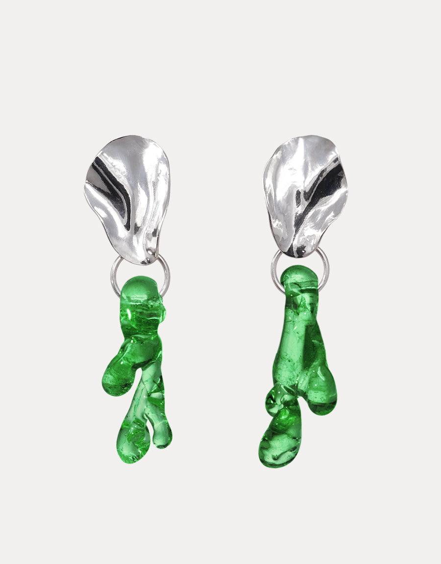 Handcrafted Coral Reef Earrings featuring sterling silver studs and vibrant green glass pendants, reminiscent of ocean coral. Eco-friendly jewelry made from repurposed glass bottles. Unique, sustainable statement piece by CLED.