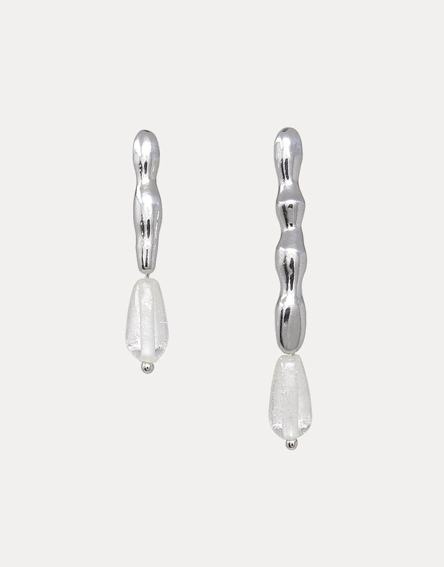 Water Earrings: Asymmetric sterling silver earrings with wavy, free-formed shapes, featuring Eco Gems repurposed from discarded glass. Handmade in Los Angeles, reflecting a mindful conservation message.