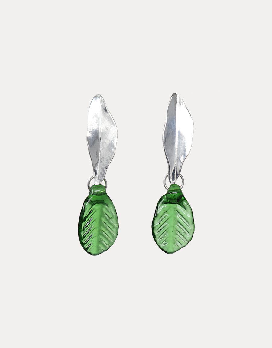 Leaf Earrings featuring elegant silver leaf-shaped studs with dangling green glass leaf pendants. Handcrafted eco-friendly jewelry made from repurposed glass bottles. Delicate botanical design perfect for nature lovers. Sustainable and stylish accessory by CLED.