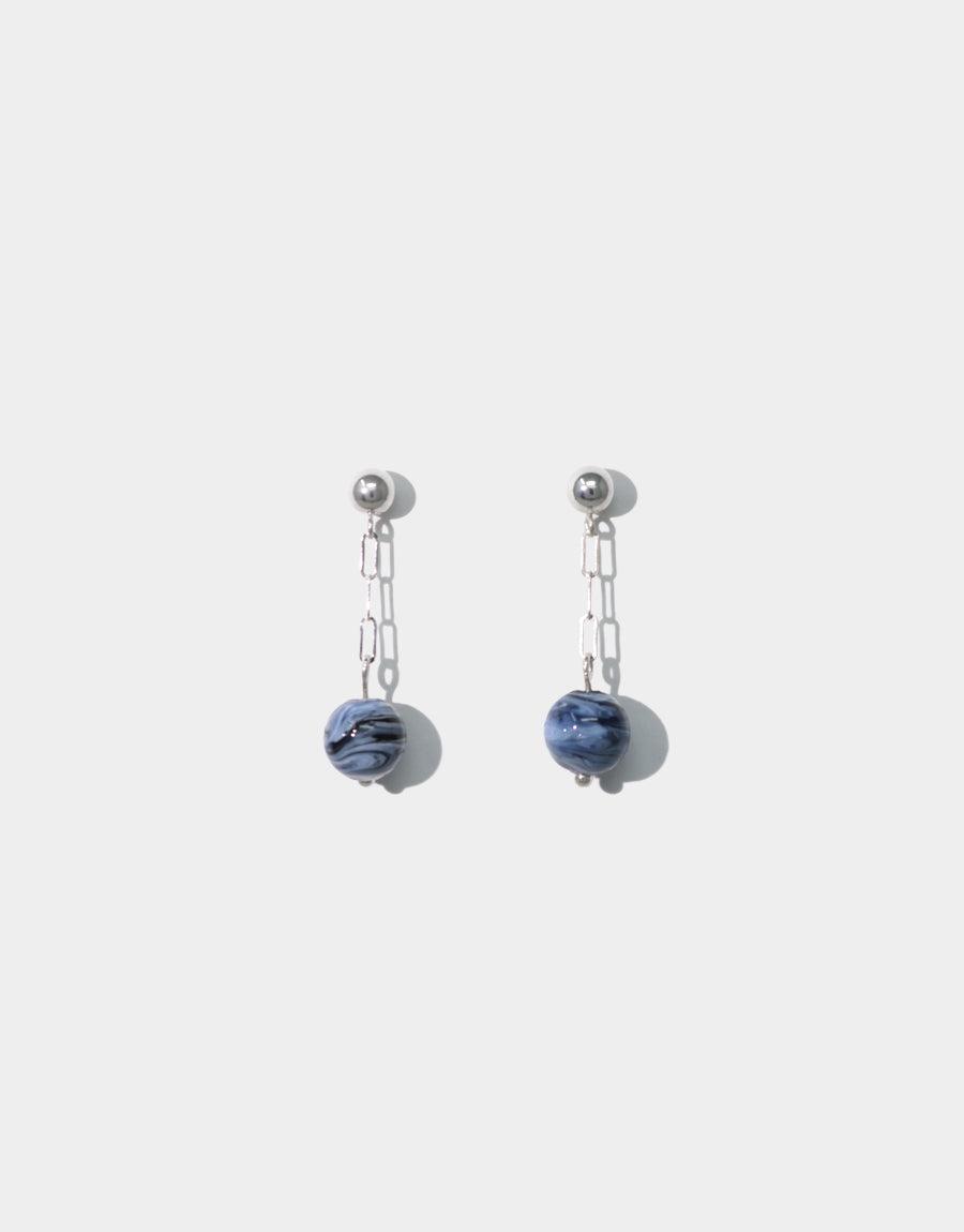 Small Drop Earrings featuring delicate silver chains with blue-gray glass beads. Elegant and minimalist design perfect for everyday wear. Handcrafted sterling silver earrings with repurposed glass elements. Sustainable and stylish jewelry piece by CLED.