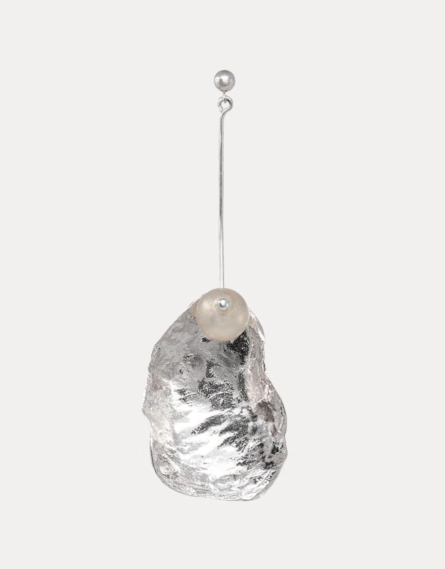 Elegant "Not A Pearl Earring" featuring sustainable Eco Gem dangle made from recycled glass, suspended on a sterling silver orb post. Textured metal shell with light-catching gleam. Eco-friendly, vegan alternative to traditional pearls. Handcrafted in Los Angeles. CLED