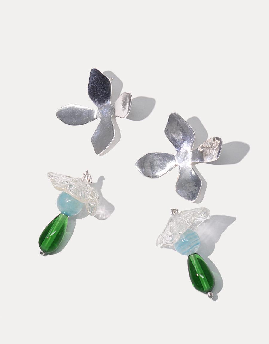 Flower shaped silver stud earrings detachable green glass beads drops, showcasing a stylish and elegant design.