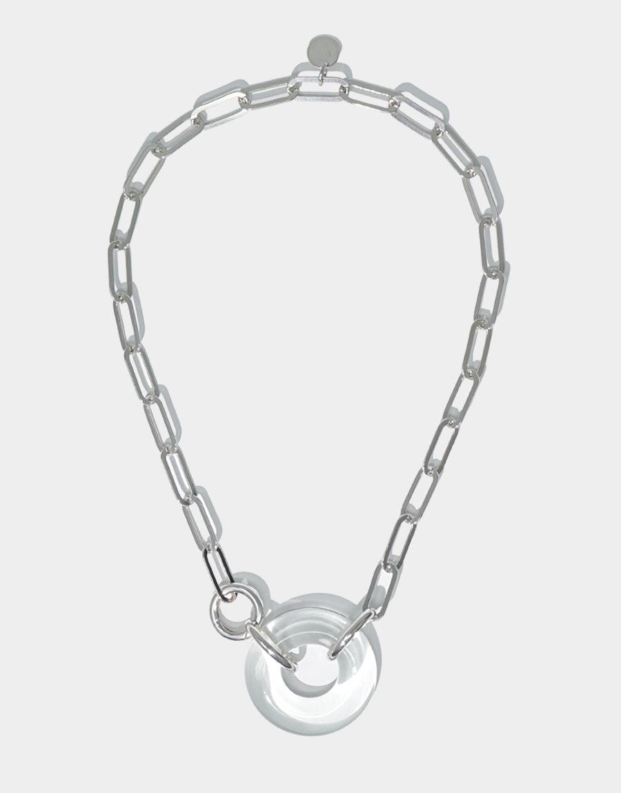 Sterling silver Opening Necklace featuring a unique oval chain design with a handcrafted glass torus pendant. Elegant and modern, this necklace showcases sustainable luxury with repurposed glass. Handmade in Los Angeles, perfect for eco-conscious fashion enthusiasts. CLED Opening Necklace.