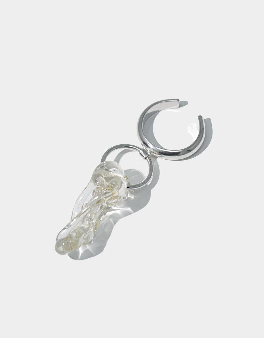 Amorphous Ring featuring organic sterling silver band with repurposed glass gem pendant. Unique handcrafted jewelry piece with adjustable size. Sustainable and eco-friendly design. CLED Amorphous Ring.