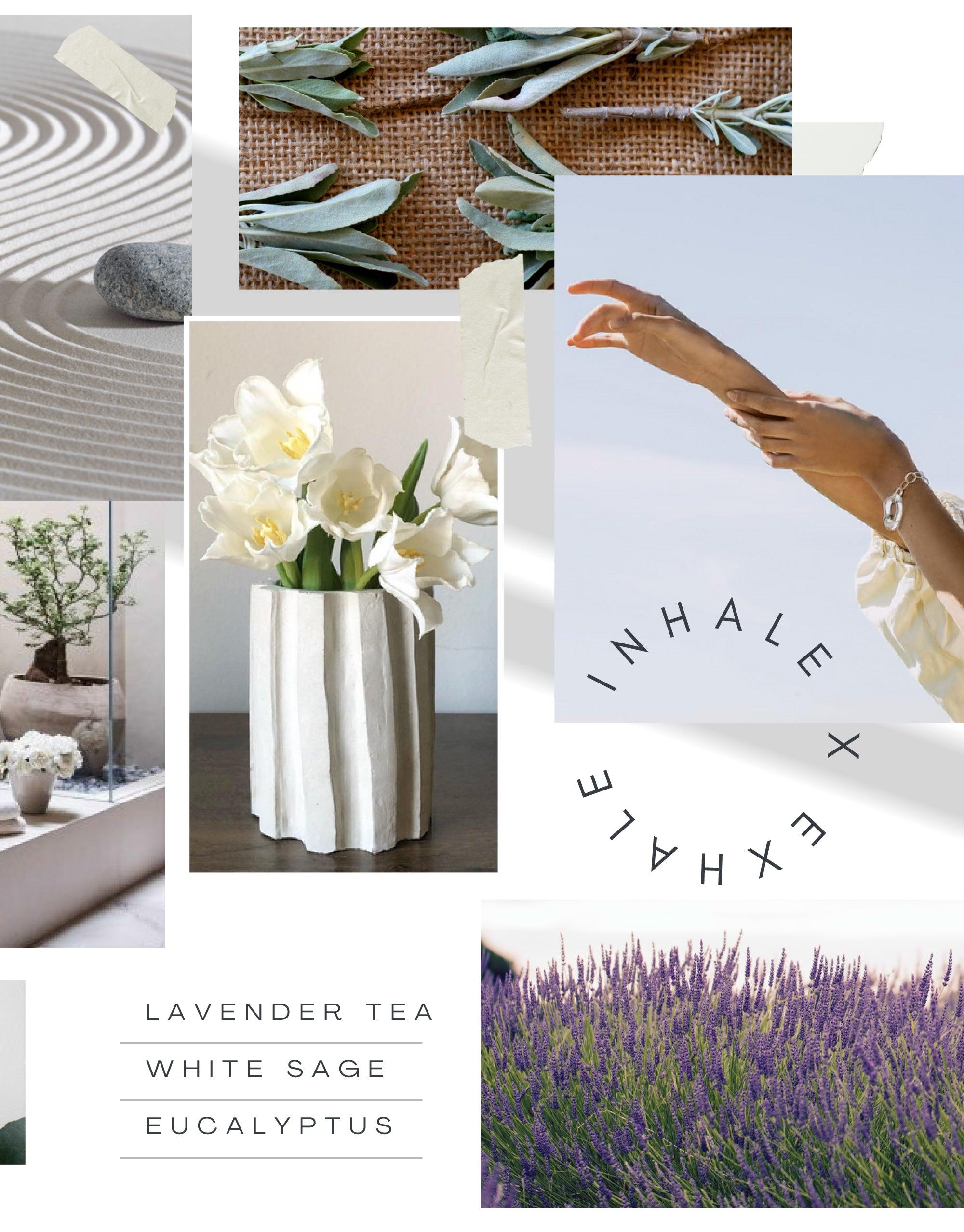 Collage of zen garden, olive branches, white flowers in vase, hand reaching skyward, lavender field, and product ingredients for LAIT X SHIPPE X CLED Vessel & Candle, showcasing natural elements and relaxation themes. CLED