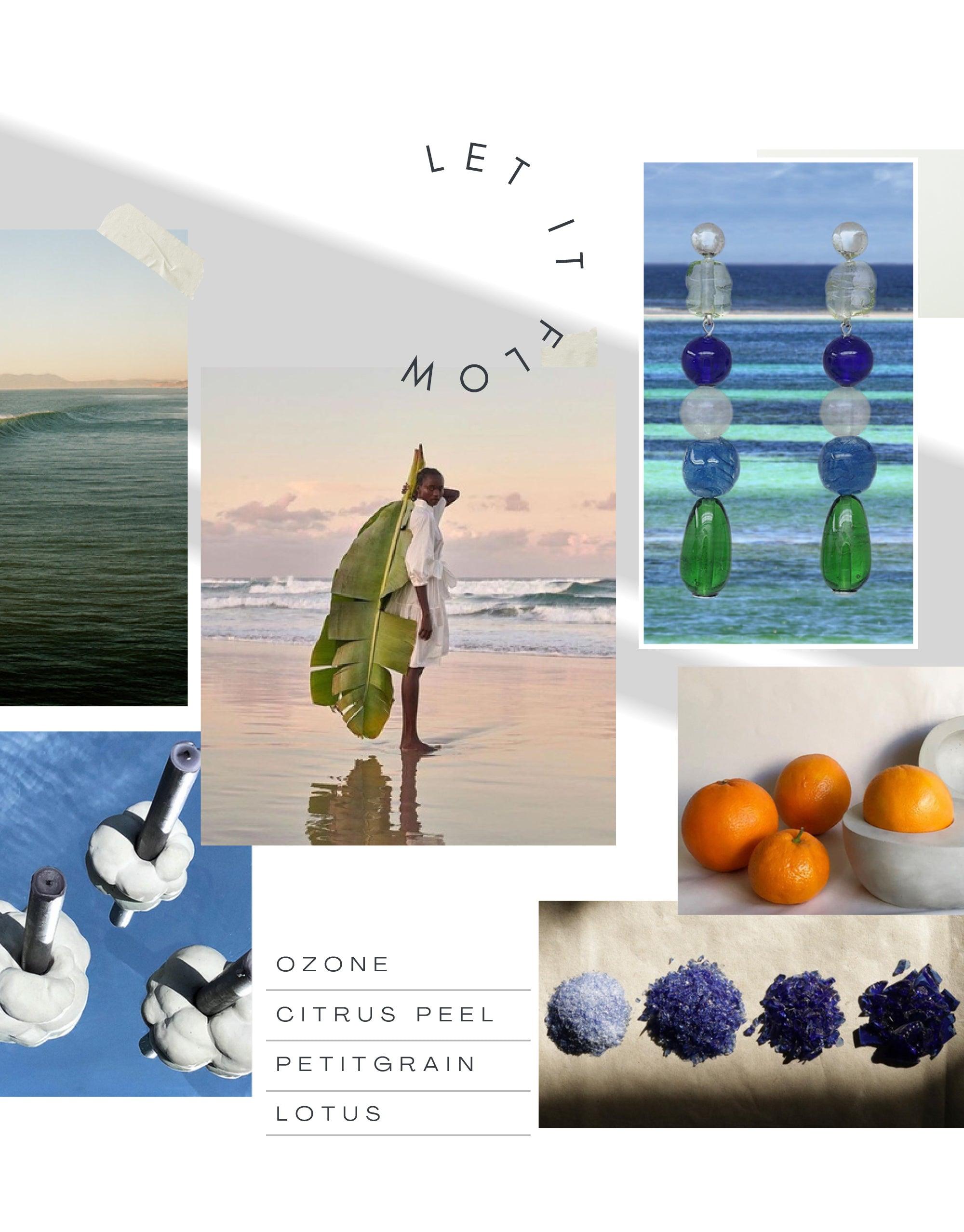 Collage featuring ocean scenes, colorful earrings, citrus fruits, and floral elements, showcasing the inspiration behind LAIT X SHIPPE X CLED Vessel & Candle collection. Imagery evokes scents of ozone, citrus, and petitgrain for the "Let It Flow" fragrance. CLED