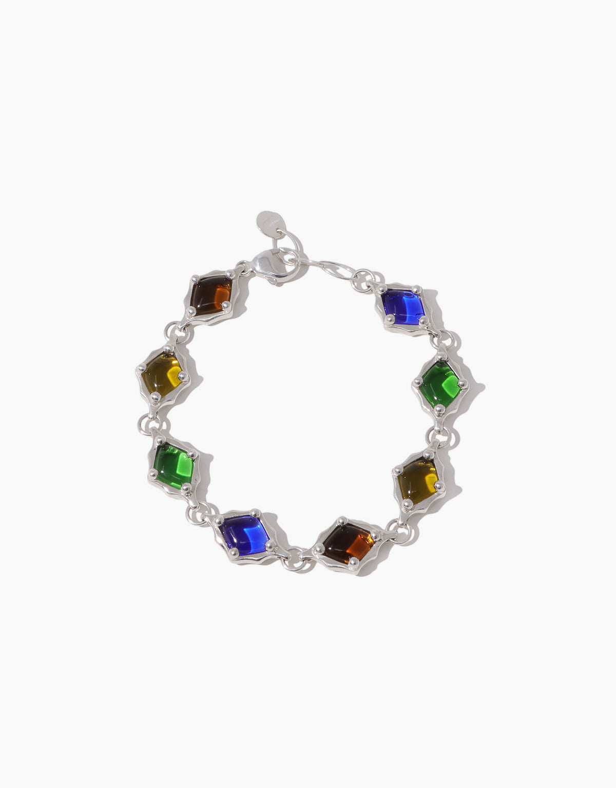 Cadence Bracelet laid in a circle, showing the repeating rhythm of multicolored glass links in silver settings. Cadence Bracelet | Metal by CLED.