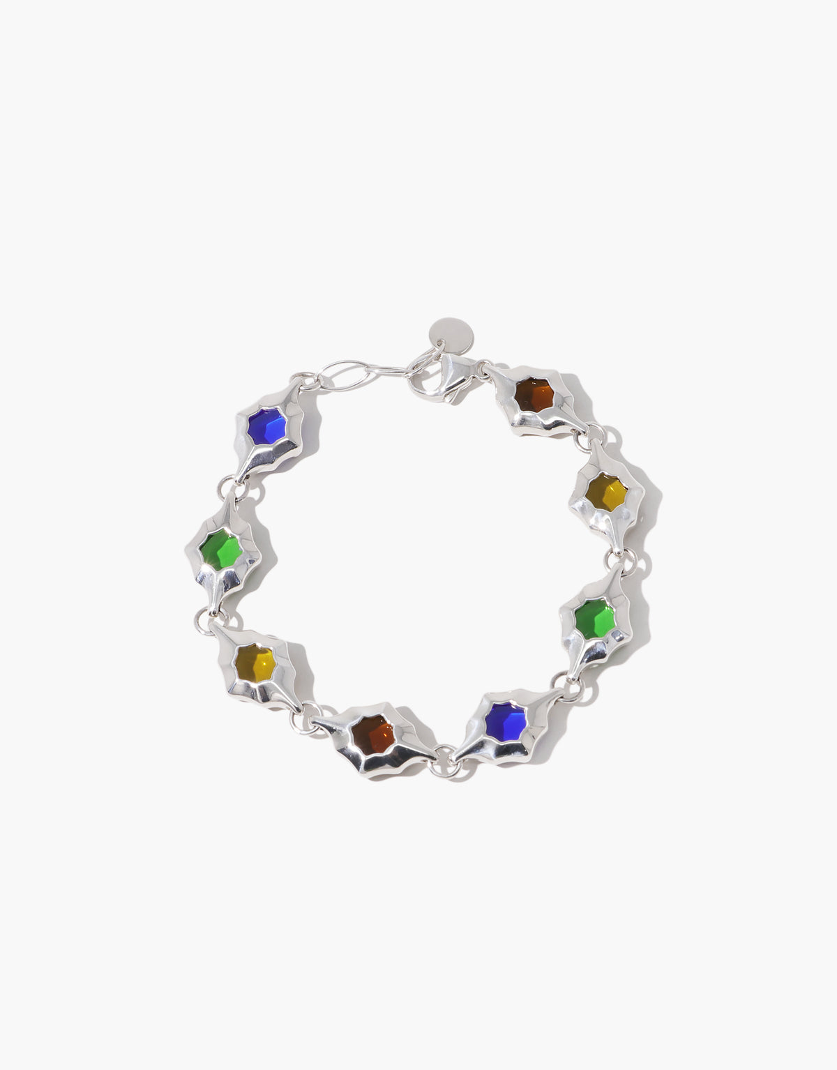 Cadence Bracelet seen from above, silver frames catching the light between colored glass Eco Gems. Handmade in Los Angeles. Cadence Bracelet | Metal by CLED.