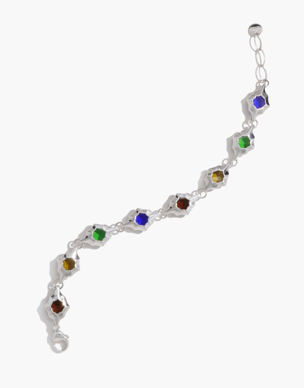 Cadence Bracelet stretched out, each multicolored glass Eco Gem held in a scalloped sterling silver link. Cadence Bracelet | Metal by CLED.