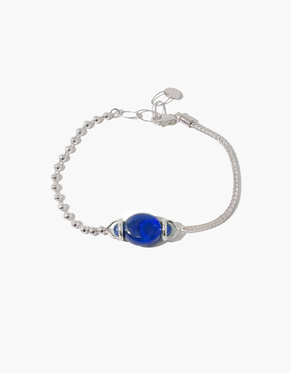 Picot Bracelet in blue ocean glass, an upcycled Eco Gem set in sterling silver. Handmade in Los Angeles. Picot Bracelet by CLED.