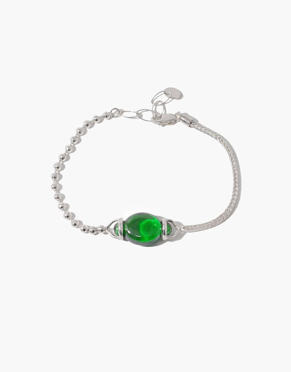 Picot Bracelet in green forest glass, an upcycled Eco Gem set in sterling silver. Handmade in Los Angeles. Picot Bracelet by CLED.