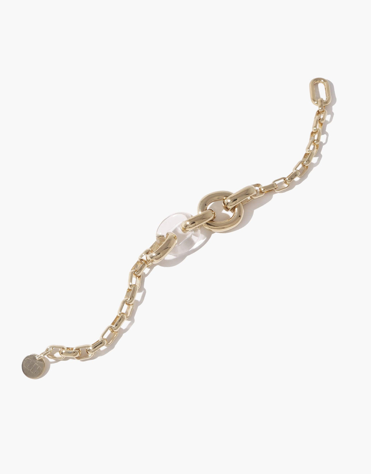 Elegant Loop Chain Bracelet featuring gold-toned metal links and clear acrylic elements, symbolizing unity and upcycling. Delicate design with circular motifs and a pendant charm. Sustainable jewelry piece from the In The Loop collection by CLED. Loop Chain Bracelet.