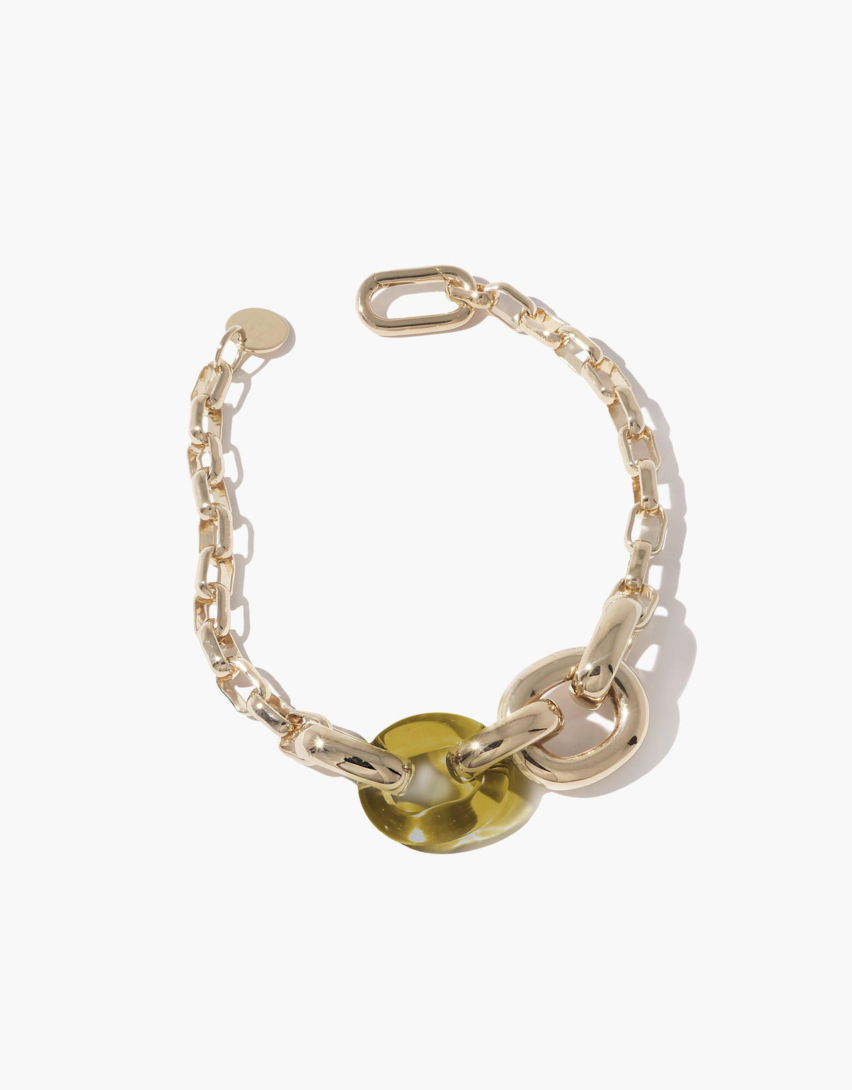 Elegant Loop Chain Bracelet featuring gold-toned links with unique olive green circular accent, symbolizing unity and sustainability. Stylish upcycled jewelry piece from the In The Loop collection. CLED Loop Chain Bracelet.