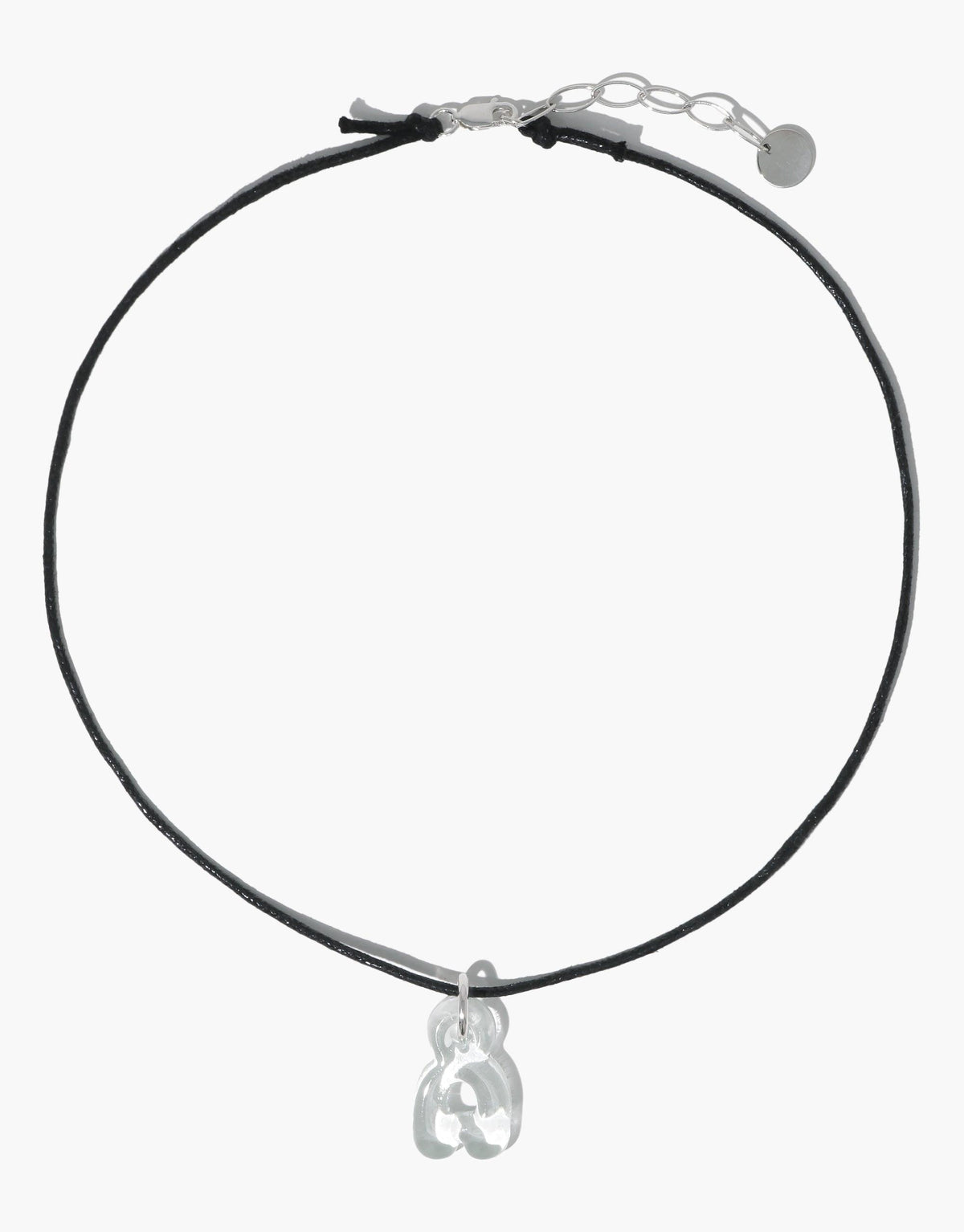 Sleek black cord necklace with adjustable silver clasp and transparent bubble letter 'a' charm pendant, showcasing eco-friendly design and personalized style. Letter Charm | Alphabet by CLED