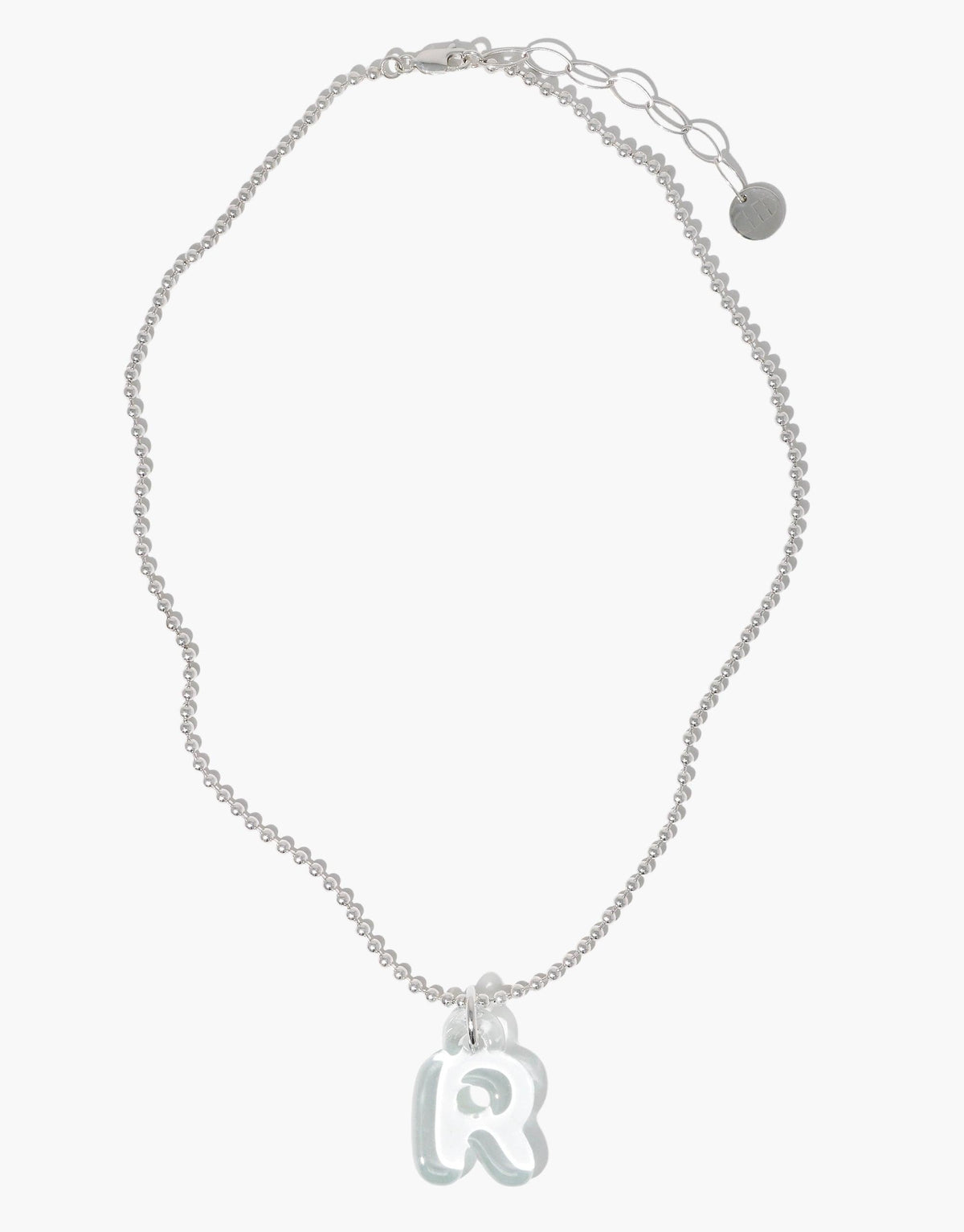Silver ball chain necklace with a translucent bubble-style letter 'R' charm pendant, showcasing eco-friendly design and personal expression. Letter Charm | Alphabet by CLED.