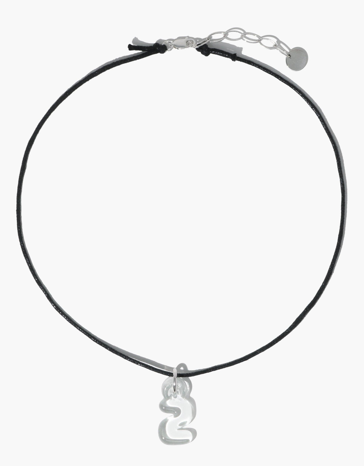 Sleek black cord necklace with silver clasp and extender chain, featuring a delicate Hangul letter charm pendant. Minimalist design perfect for everyday wear. Letter Charm | 한글 Hangul by CLED