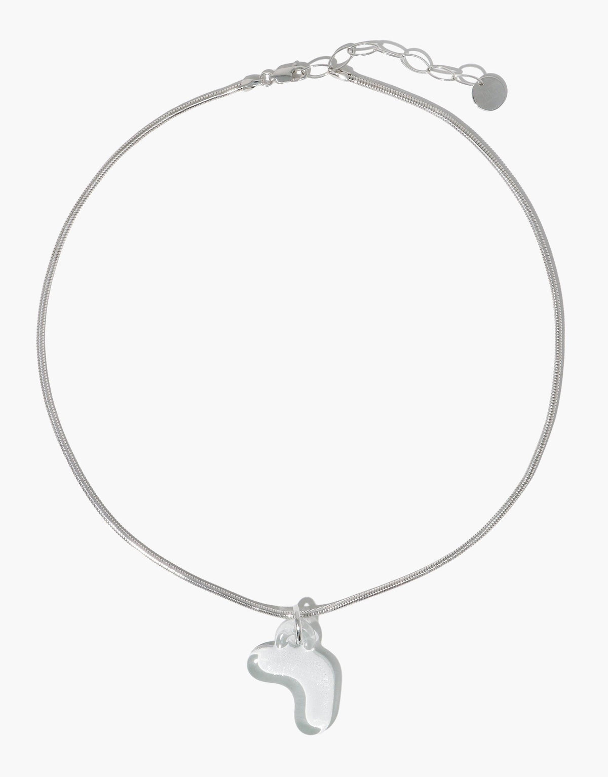 Delicate silver necklace featuring a transparent bubble-style Hangul letter charm pendant, showcasing Korean alphabet artistry. Eco-friendly jewelry made from recycled glass, perfect for personal expression. Letter Charm | 한글 Hangul by CLED