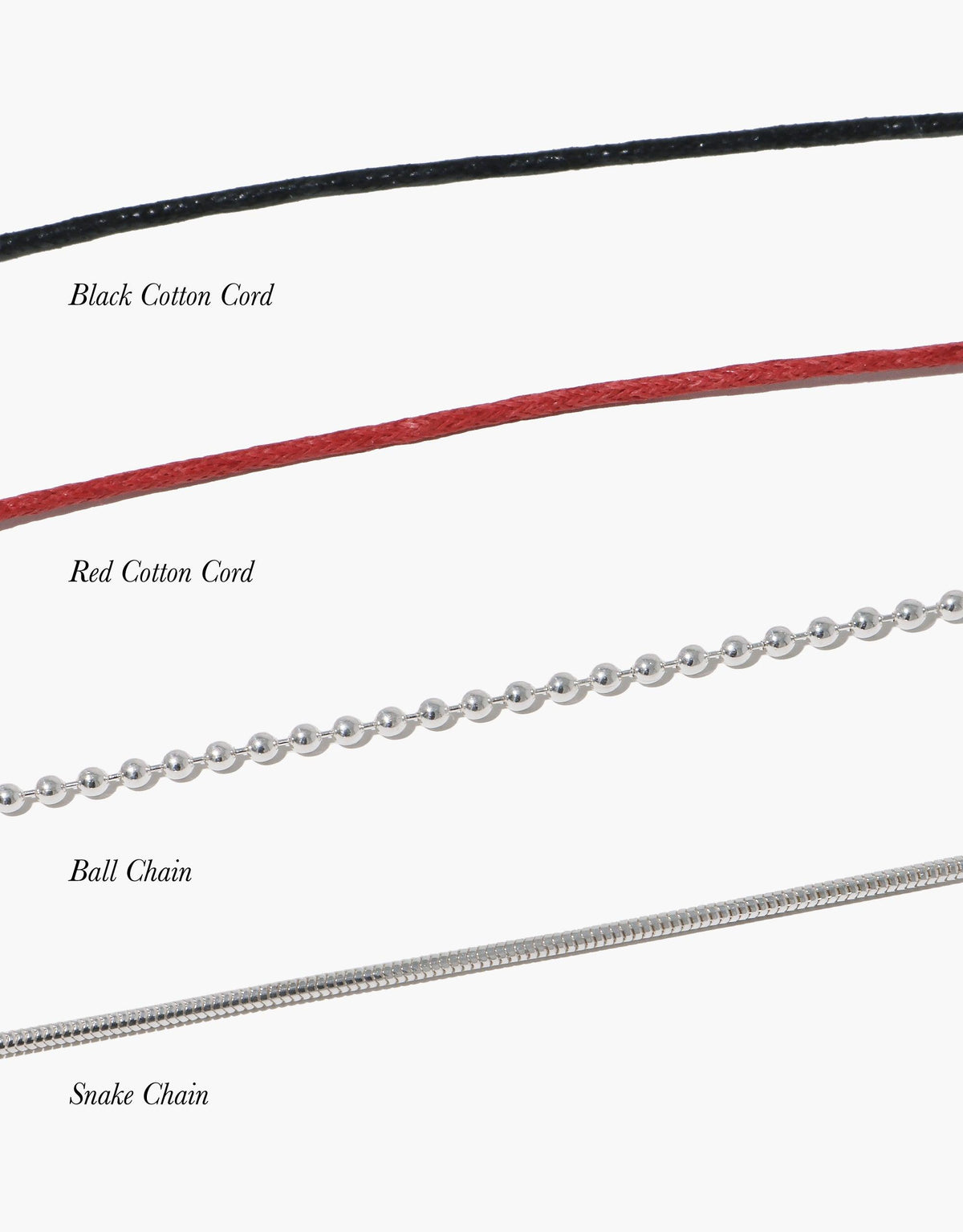 Cord Necklace options: black and red cotton cords, silver ball chain, and snake chain. Versatile necklace choices for customizable jewelry. Adjustable length for perfect fit. Sustainable materials. Ideal for pairing with charms. CLED Cord Necklace.