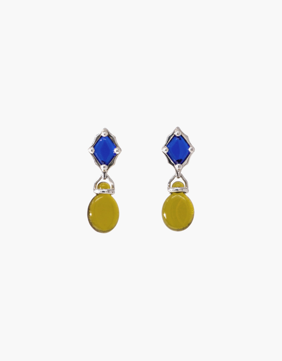 Las Drop Earrings in a two-color pairing of blue ocean and light olive glass Eco Gems, worn as a mismatched pair on sterling silver. Handcrafted upcycled glass jewelry from the Las Collection. Las Drop Earrings by CLED.
