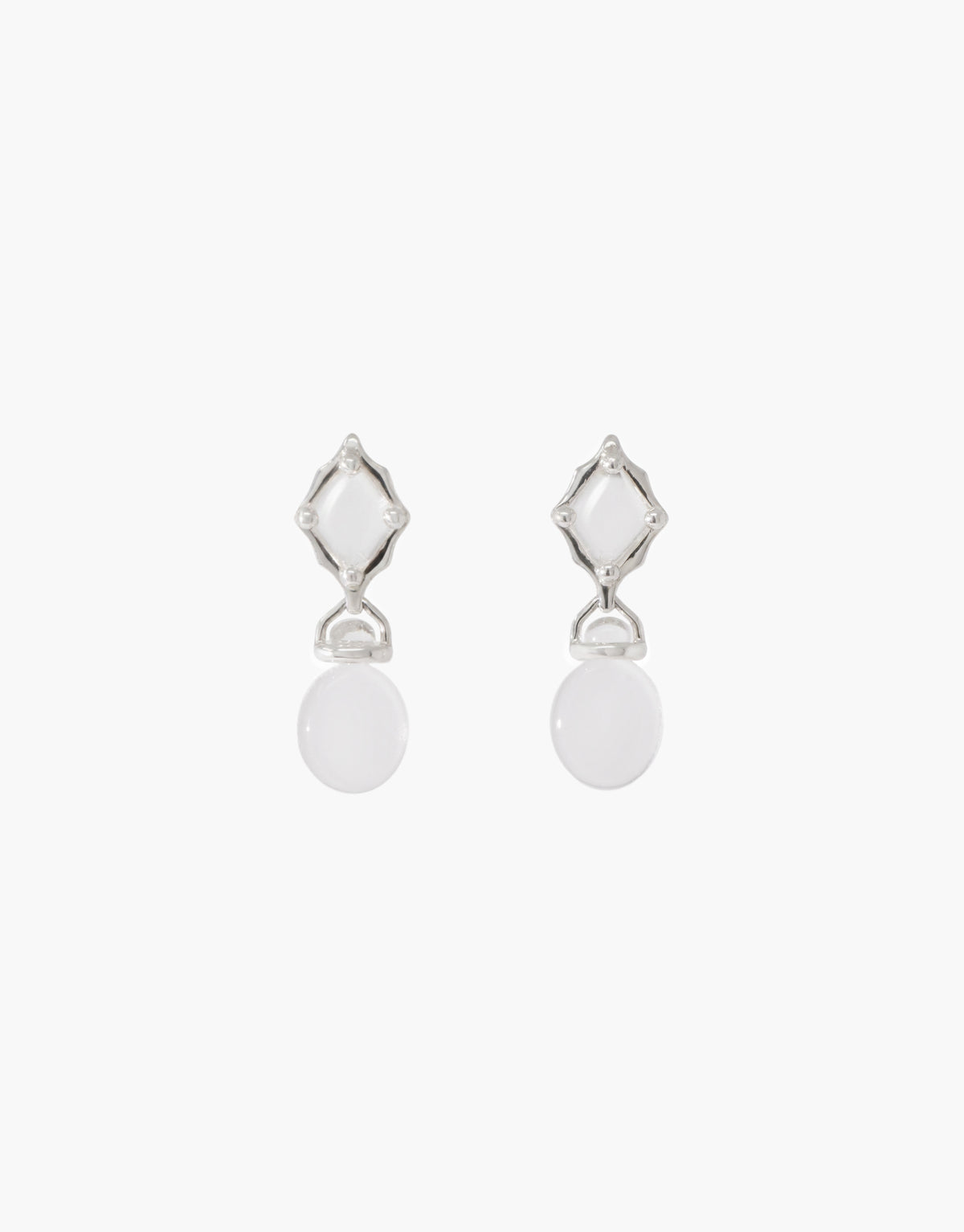 Las Drop Earrings with two clear glass Eco Gems falling in sequence, a faceted point resting above a smooth rounded drop on sterling silver. Minimal lace-inspired design from the Las Collection. Las Drop Earrings by CLED.